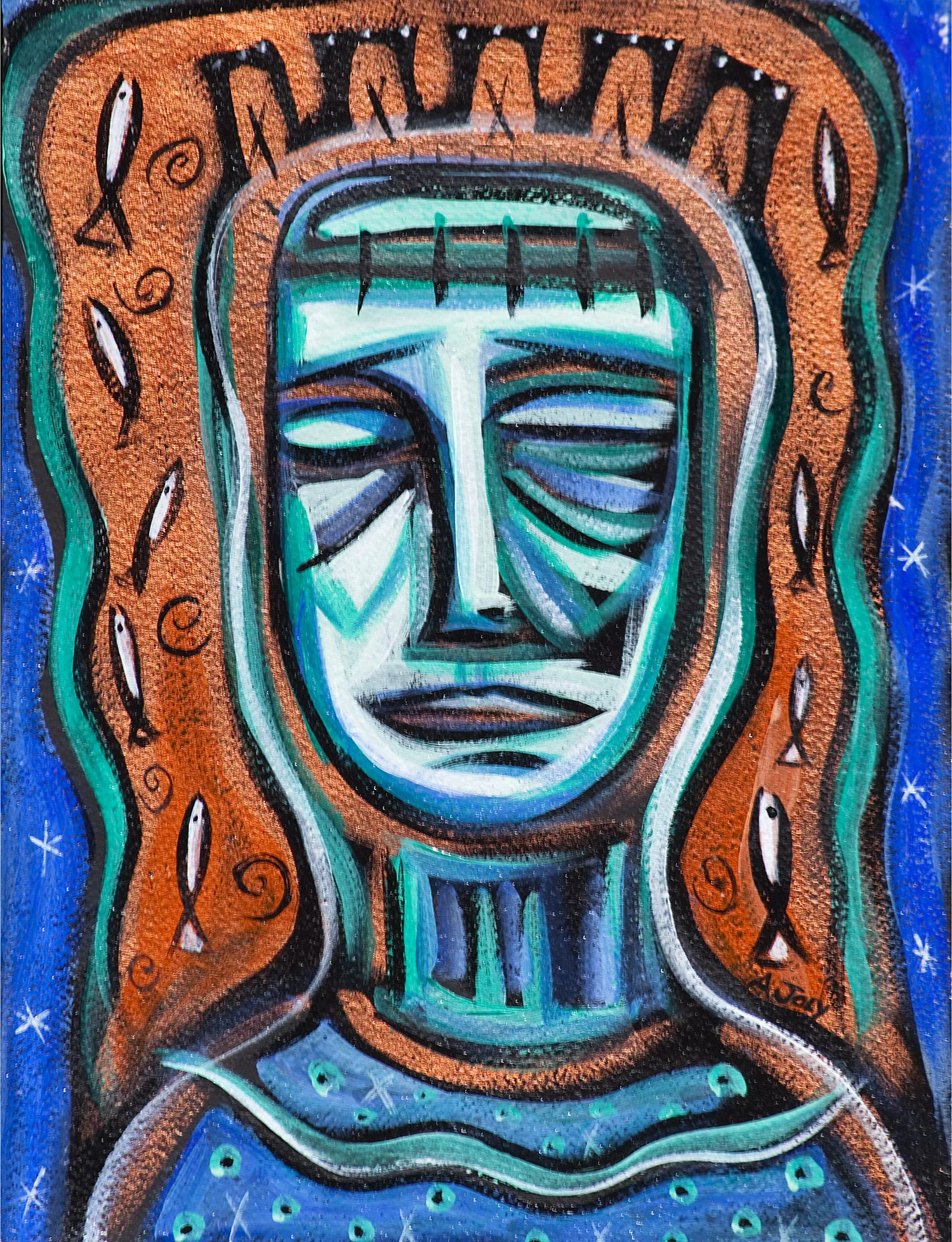 Dama del Pez , acrylic on paper 9" x 13"