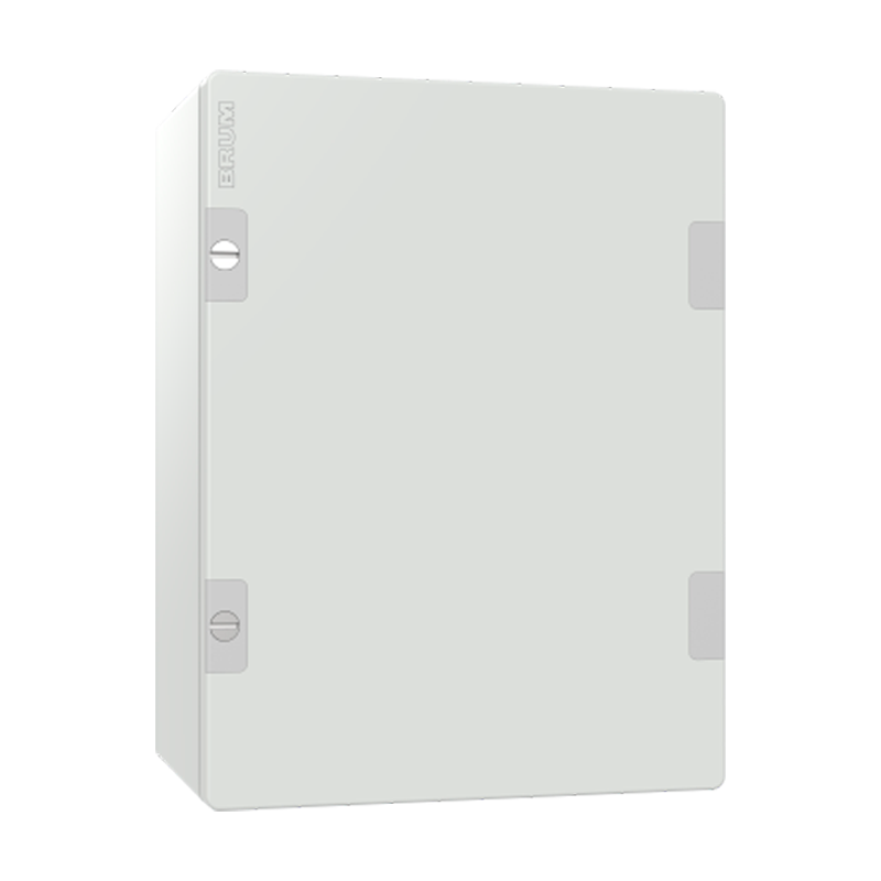 Caixa de proteção de comando Neobox fabricada em ABS termoplástico cinza com porta opaca fechada e travas laterais.