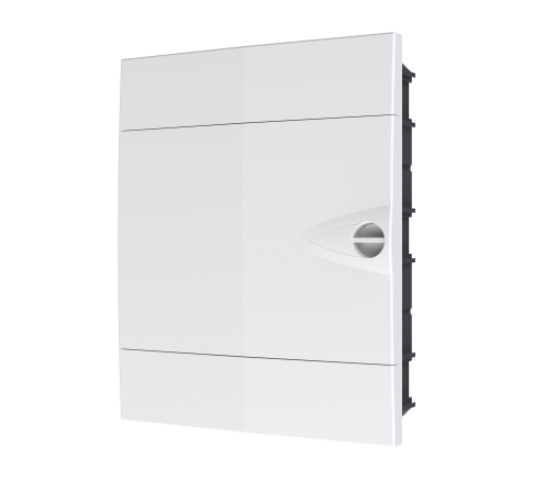 Quadro elétrico de distribuição modelo BR Plus em ABS branco, instalado de embutir mostrando a base traseira preta e face frontal branca com fecho central.