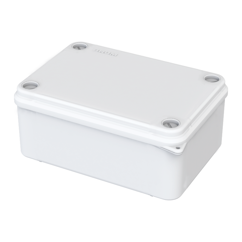 Caixa de passagem modelo BRBOX em plástico ABS branco com tampa parafusada.