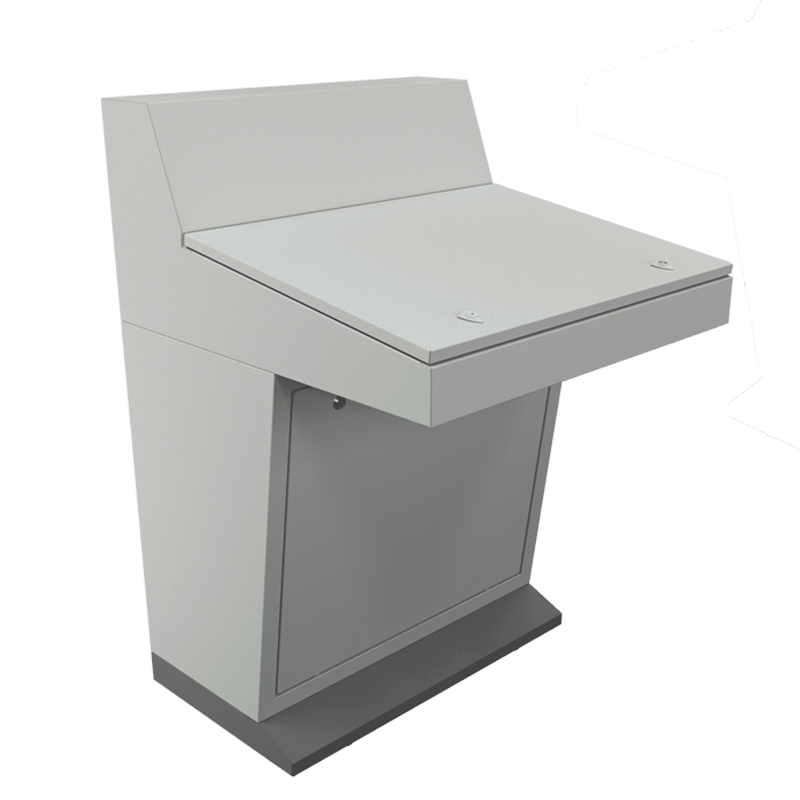 Mesa de comando industrial BM fabricada em aço carbono cinza com tampa frontal basculante ergonômica.