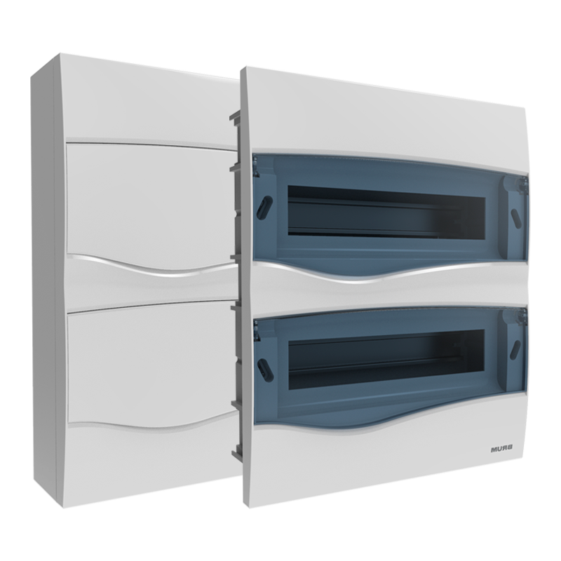 Quadro de distribuição modelo BR em plástico ABS branco com duas portas frontais.