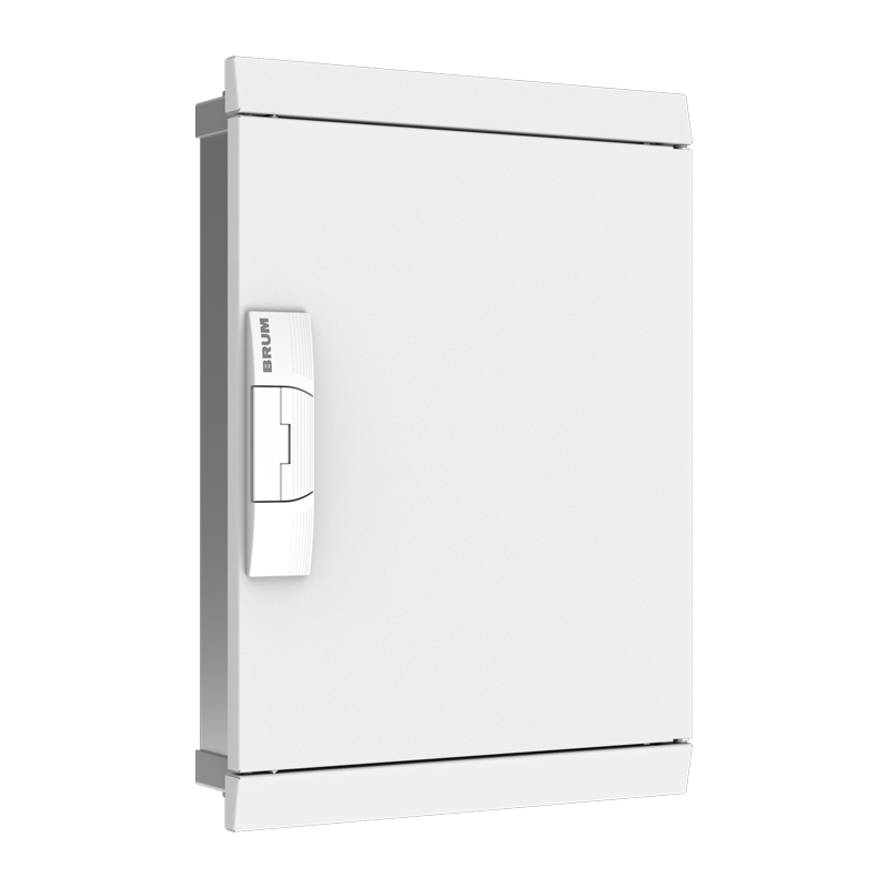 Quadro de distribuição Volt fabricado em aço carbono branco com porta fechada e fecho modelo varão na lateral esquerda.