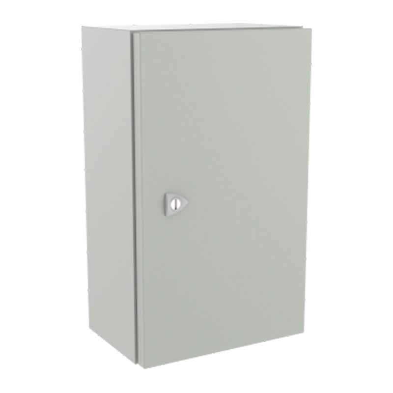Caixa metálica de proteção para comandos elétricos linha BRCE em chapa de aço carbono com pintura cinza texturizada e fecho metálico frontal.