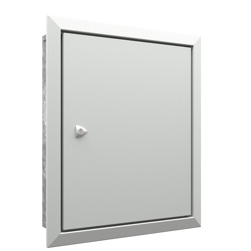 Quadro de proteção de comando embutir linha CPE em chapa de aço carbono, mostrando moldura de acabamento e fecho metálico triangular na porta frontal.