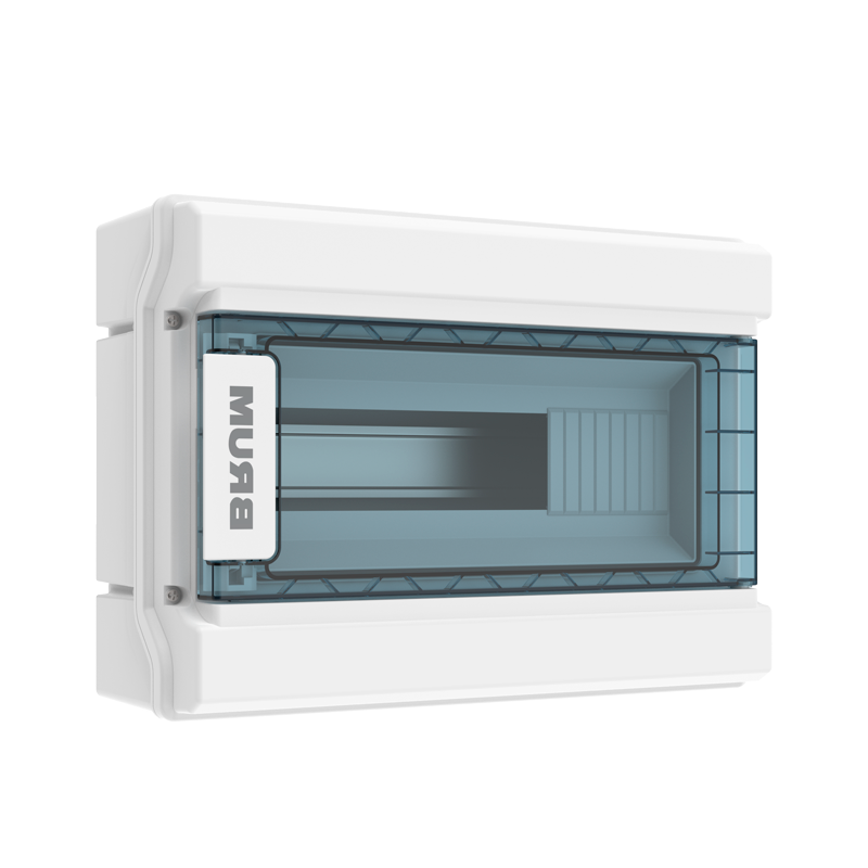 Quadro de distribuição Frisanco em plástico ABS branco com tampa fumê translúcida e logotipo Brum, em fundo branco.