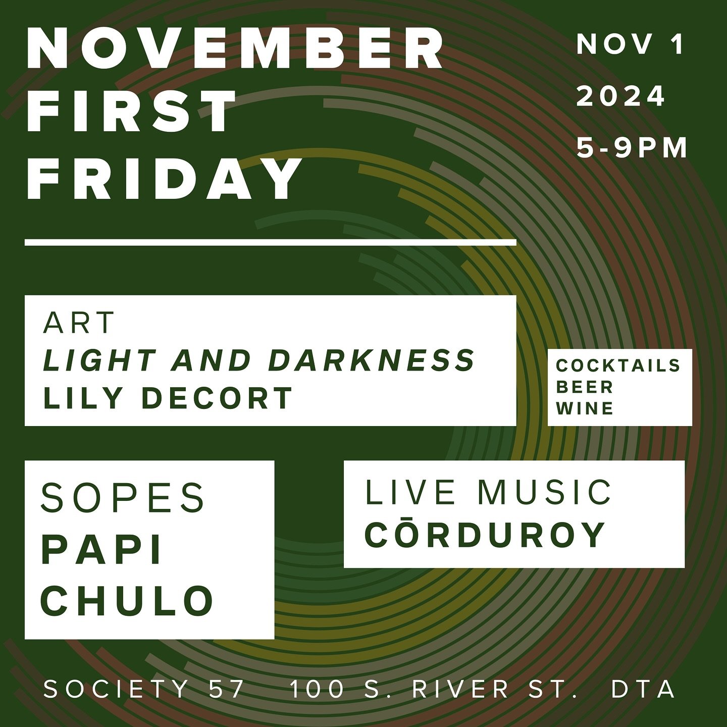 Kick off November with an evening of art, music, and flavor at Society 57&rsquo;s First Friday!

Step into the powerful exhibit, &ldquo;Light and Darkness,&rdquo; by Ethiopian American artist Lily DeCort. This evocative collection of twenty-eight pai