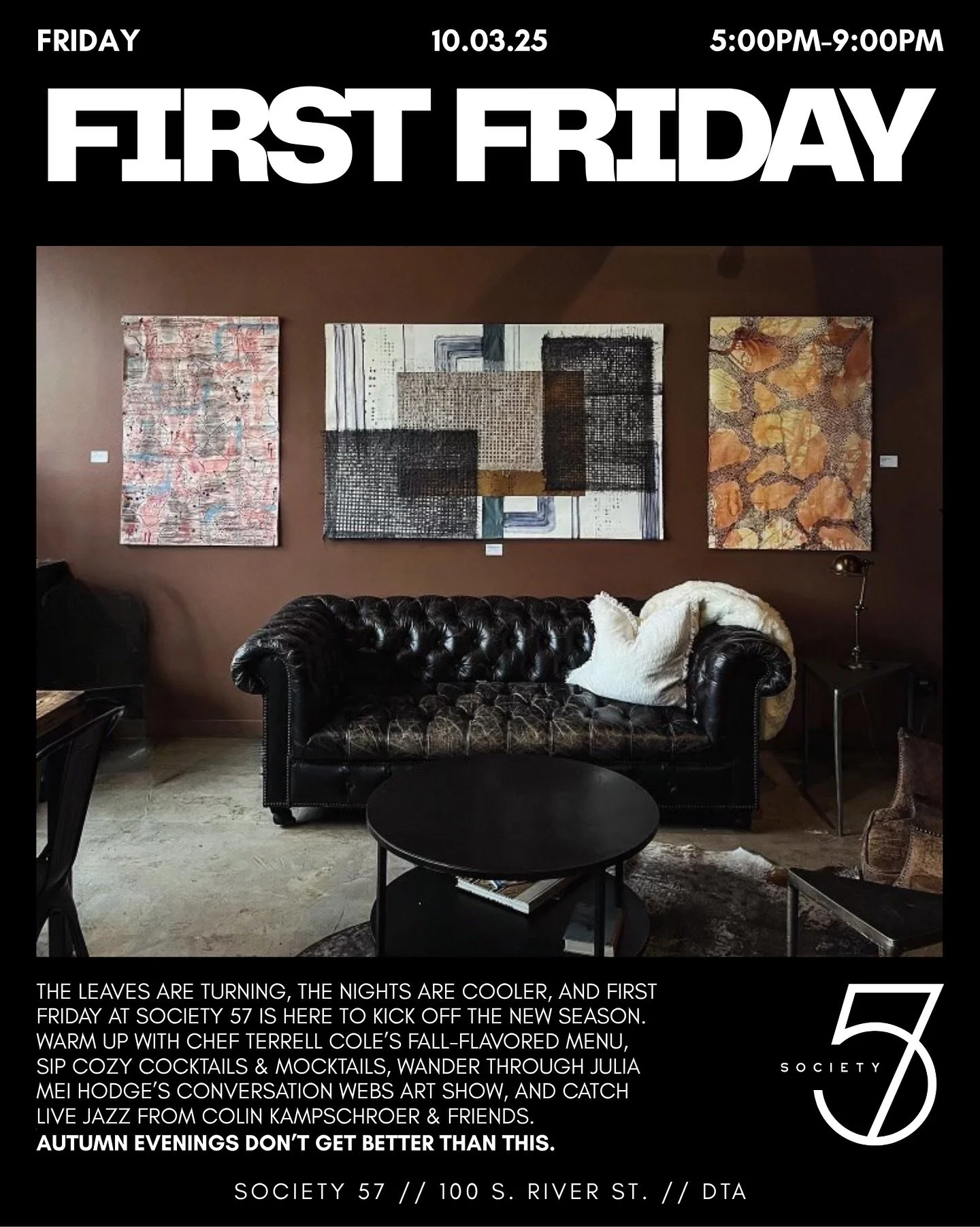 Summer weather, fall energy. 
First Friday is bringing both.

‣ Chef Terrell Cole (@therealdarkhorse) is back in the kitchen.
‣ Julia Mei Hodge&rsquo;s (@juliameihodge) Conversation Webs is still pulling people in.
‣ Colin Kampschroer (@colinkampmusi