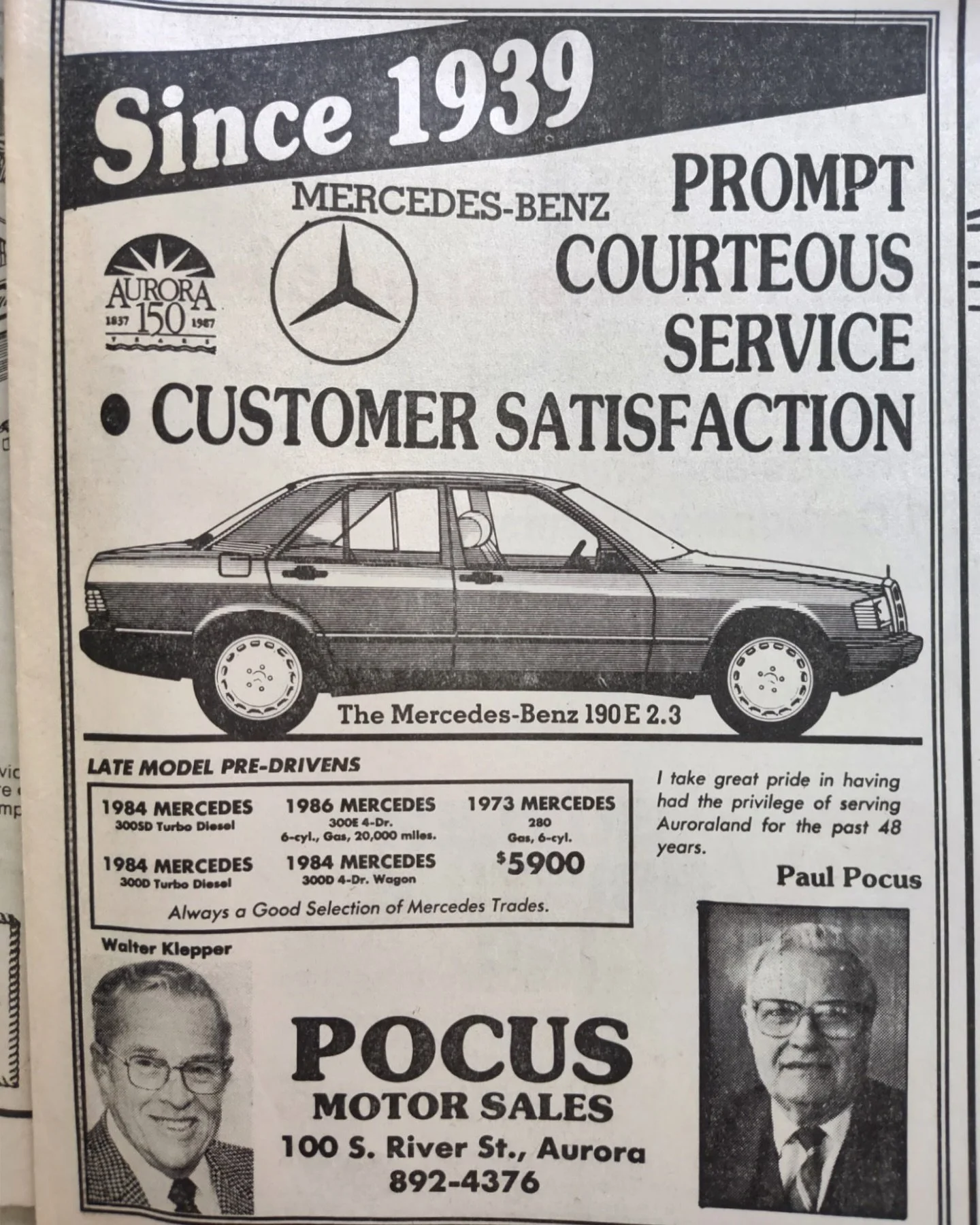 We love when Aurora&rsquo;s history finds its way back to us.

Our friend, Marissa, shared this 1980s newspaper ad from Pocus Motor Sales - the original business that called our building home for decades. Paul Pocus and his team built a reputation on