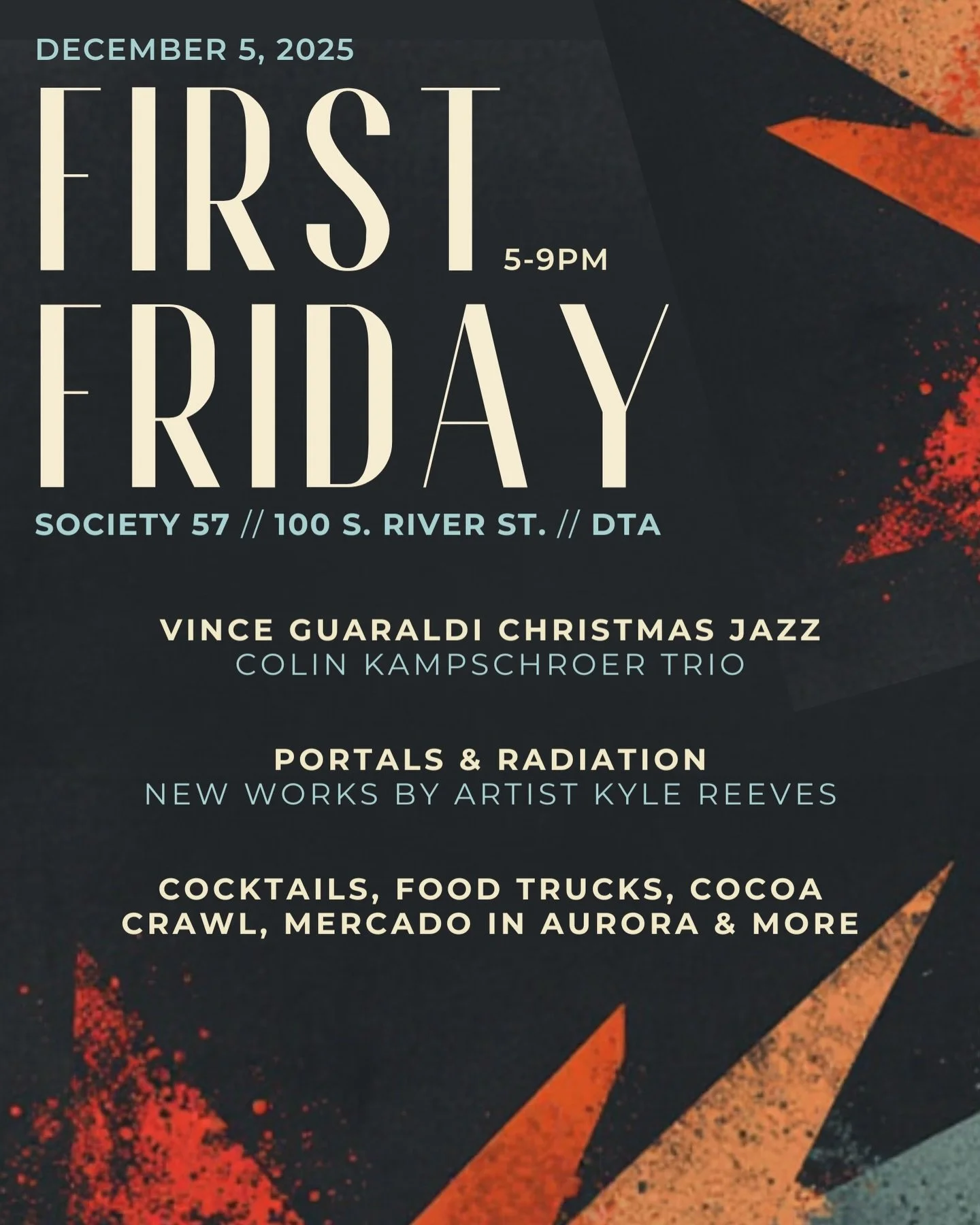 December First Friday is stacking up to be a good one. ❄️

&mdash; Vince Guaraldi Holiday jazz by Colin Kampschroer Trio
&mdash; Portals &amp; Radiation - Kyle Reeves&rsquo; continuing installation
&mdash; Craft cocktails, beer, wine 
&mdash; We&rsqu