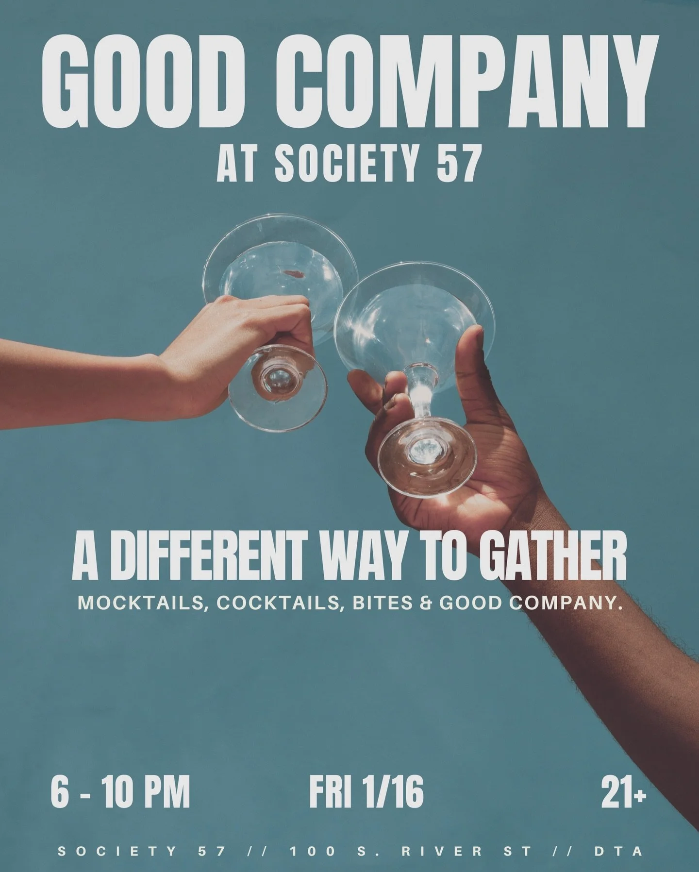 GOOD COMPANY
at Society 57

A different way to gather.

Mocktails and cocktails, given equal footing.
Thoughtful bites.
Music that lets you talk.
A room designed for real connection - no agenda, no pressure, no performance.

This night is coming toge