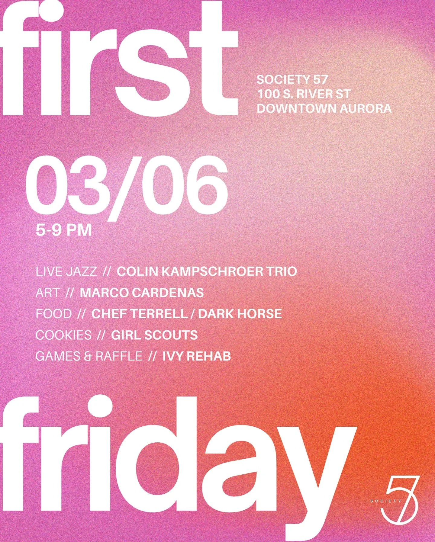 First Friday is back.

Live jazz filling the room from the Colin Kampschroer Trio.
New work on the walls from Marco Cardenas - Phantom Limp: A Journey in Time.
Great food from Chef Terrell and the crew at Dark Horse.

Our friends from Ivy Rehab will 