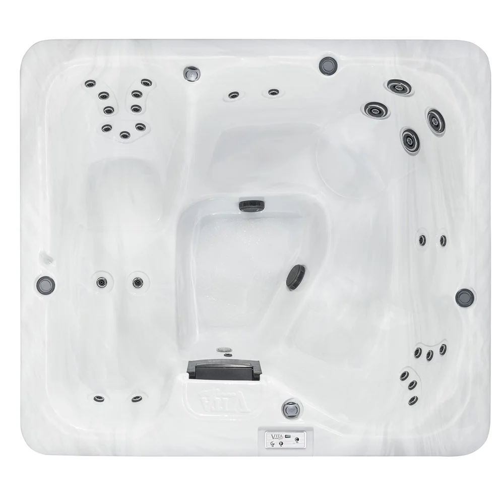 The Voeux The Voeux is an economical priced hot tub using quality Balboa equipment. The Voeux is a great value 5 person Hot Tub giving you unbelievable value for money. The Voeux is a great value 5 person Family Hot Tub with 27 Graphite Jets powered by a 5hp Twin Speed Pump, offering Cartridge Filtration, High Efficient Recycled Insulation, Latest Technology M7 Heating, bright underwater light along with easy to read programmable topside controls and not forgetting our controllable Air Venturi System. Layout: Looking for a low cost lounger spa, then the Voeuxs lounger gives you unrivaled value more money relaxation. Two spacious corner seats offer controllable jetting layouts for a vagarious massage while two further massage seats complete this family all rounder. Our ranges of Spas are finished with Excel-X™ maintenance free wood effect cabinet. Available in Gray Excel-X was designed to blend into any Home or Garden. Vita’s Vital Energy Insulation System or Blue MAAX is the key to improved energy efficiency. Made from Recycled fabric, such as Jeans, Blue MAAX is a thick wall of thermal insulation that keeps the cold out but also reflects heat back through the Spa shell. Blue MAAX is so efficient that it complies too the Californian Energy Commission tough standards & is approved by the US Green Building Council, two awards that we are very proud of. Details: Seating 5 Size 211cm x 185cm x 87cm Weight empty 125 kg Weight full 1043 kg Litres 965 Pumps Pump 1 5Hp, 240V, 2 Speed Amps 13Amp Jets 28 Jets Features: Underwater Light Acrylic EFreeze Protection EBlueMAAX™ EPerma-Shield Bottom EPremiere Styled Cover