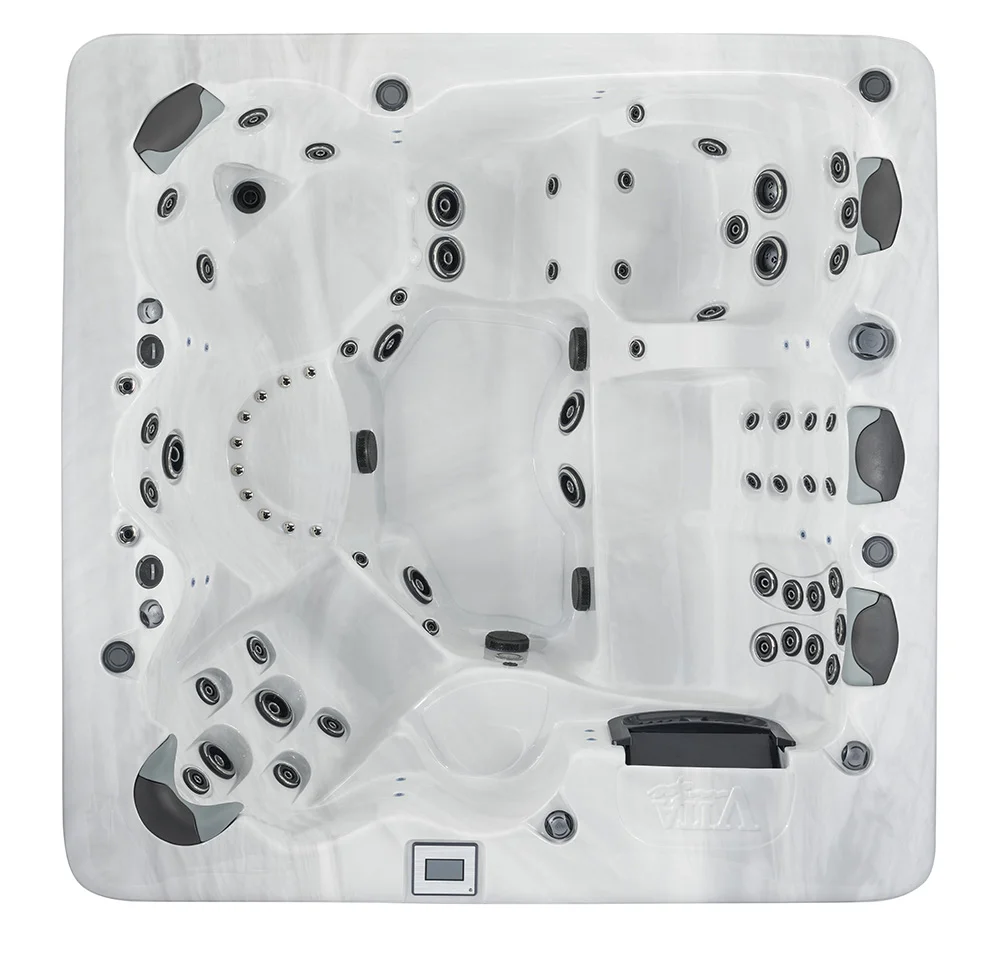The Cabaret The Cabaret is a high specification family Hot Tub within our luxury 700 Series. The Cabaret includes features such as a sports recliner and a cuddle couch. The Cabaret is part of our feature rich 700 series range of spas and offers fantastic seating for 6-7 people with a sports recliner, a cuddle couch, 3 other well sculptured seats and safety entry steps. Hydrotherapy is our business and the Cabaret offers you a variety of 66 jets including our very powerful and unique Vertical Back Massage jet. Our steel frame construction and a sealed pan base gives this spa extra strenghth and durability while our luxury Surround Sound Stereo System with 150W Subwoofer and shell speakers, 17 underwater LED lights, top mounted LED coasters and LED back lit fountains are fitted as standard. Layout: The large layout of the Cabaret gives you a variety of relaxation zone that deliver incredible hydrotherapy. The Vita Sports Lounge gives you that reclined arm chair feel, with hand/wrist massage and two large foot jets accompany the calf, thigh, back & shoulders jets. Two large corner seats offer deep and powerful massage, a cuddle couch, cool down seat and safety entry step complete the seating but don’t forget the large foot well. Details: Seating 7 Size 234cm x 234cm x 96.5cm Weight empty 329 kg Weight full 2,108kg Litres 1,779 Pumps Pump 1 - 4.8Hp, 240V, 2Speed Pump 2 - 4.8hp, 240v, 1speed Air Blower 1.5Hp, 240V, 1Speed Amps 32Amp Jets 66 Jets Features: Water Features 4 Water Features AquaGlo VitAroma™ BioZone™ H.E.E.T.™ Excel-X™ (Simulated Wood) 24 Hour Filtration Freeze Protection BlueMAAX™ Perma-Shield Bottom Premiere Styled Cover