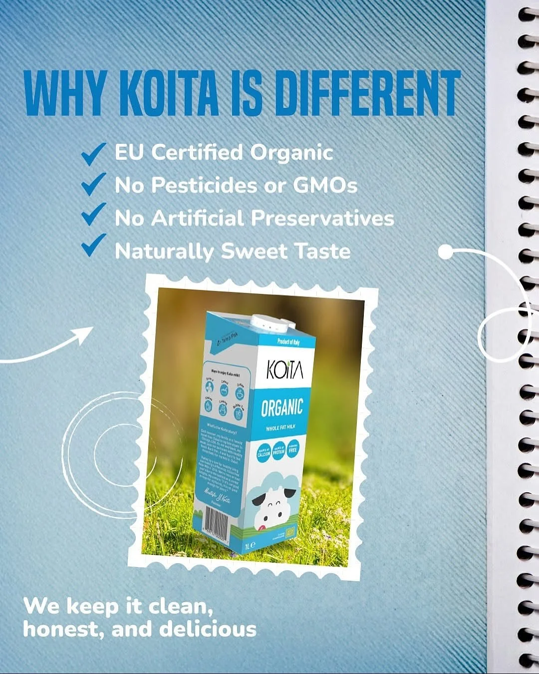 ✨ Clean, Honest and Delicious. ✨
From breakfast bowls to coffee cups 🥣☕️KOITA brings you milk that&rsquo;s organic, preservative-free, and kid-approved 🥛💙
Packed smart in Tetra Pak to lock in freshness No plastics, No nasties, just pure goodness. 