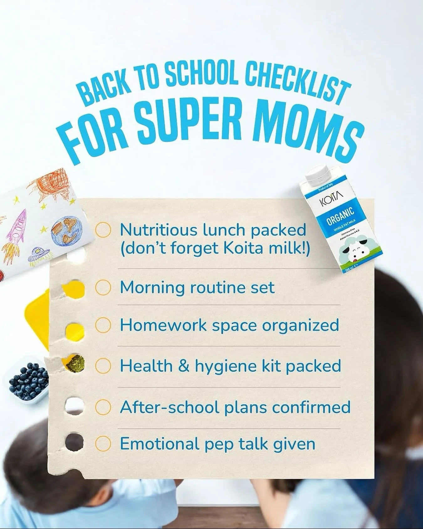 ✨📚 Back-to-school season made easy! 🚌💙 Super moms, keep this checklist handy so your little ones start the year strong 💪 (and don&rsquo;t forget the Koita milk 🥛😉)