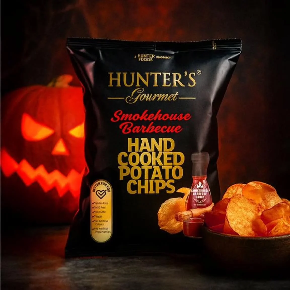 Turn up the smoky drama this Halloween 🎃 
Our Hunter&rsquo;s Gourmet Barbecue flavored chips are a perfect snack to your spooky night 👻💀🔥