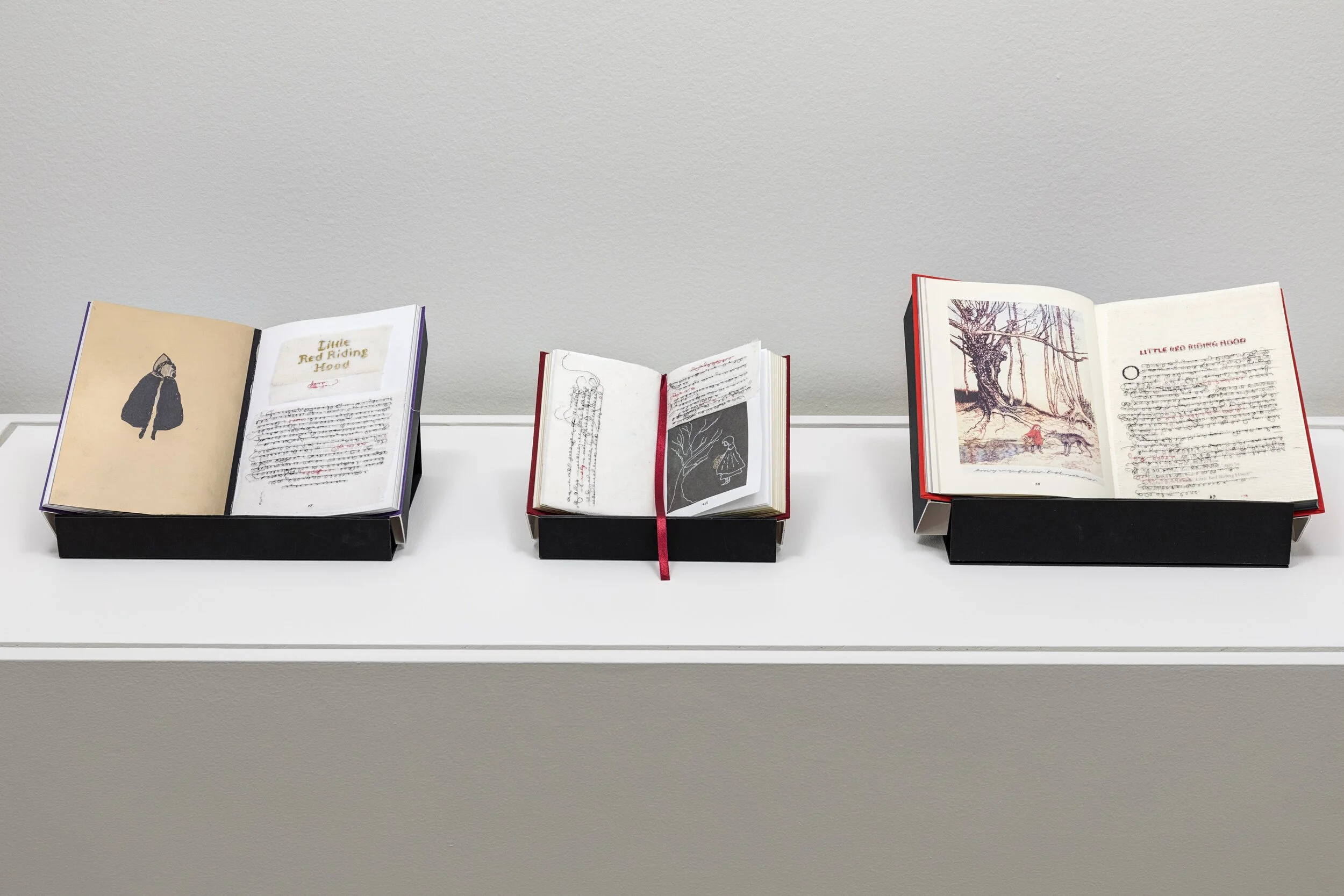 Sylvia Ptak, Little Red Riding Hood: A Retelling (Books 1, 2 and 3) , 2019, cotton gauze, acrylic paint, found book. Installation shot, Fairy Tails , Owens Art Gallery, 10 January to 1 April 2020. Photo: Roger Smith