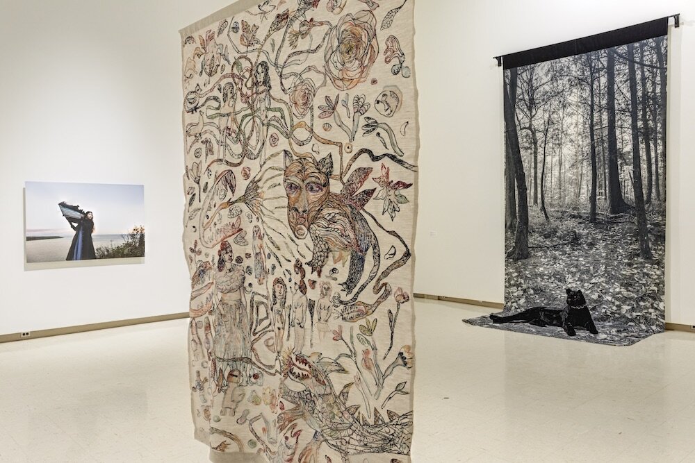 Fairy Tails , installation view, Owens Art Gallery, 10 January to 1 April 2020. From left to right: Meryl McMaster, On the Edge of This Immensity , 2019; Anna Torma, Permanent Danger 2 , 2019; Janice Wright Cheney, The Lucivee in Captivity , 2020. Photo: Roger Smith