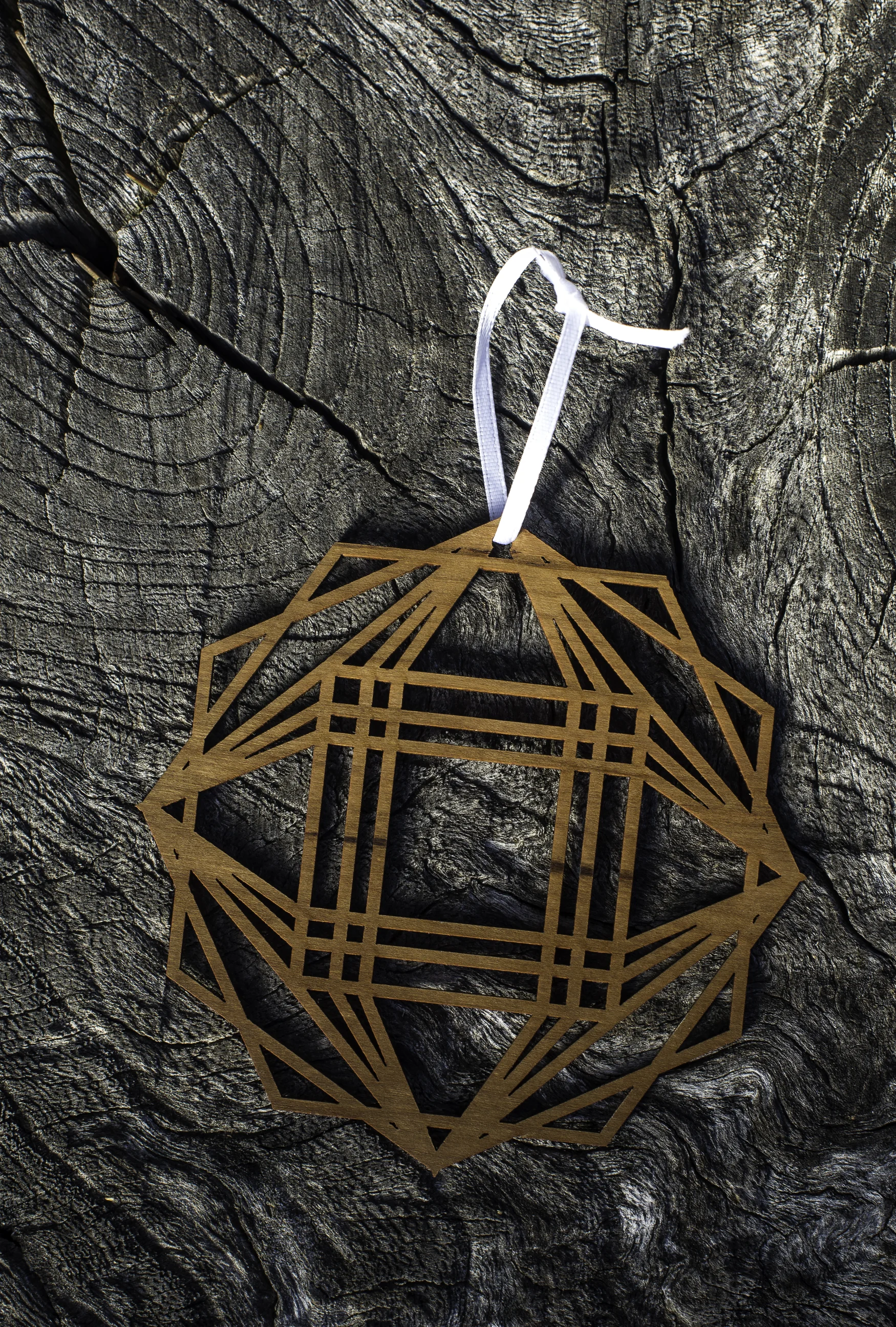 Custom laser cut geometric wood ornament