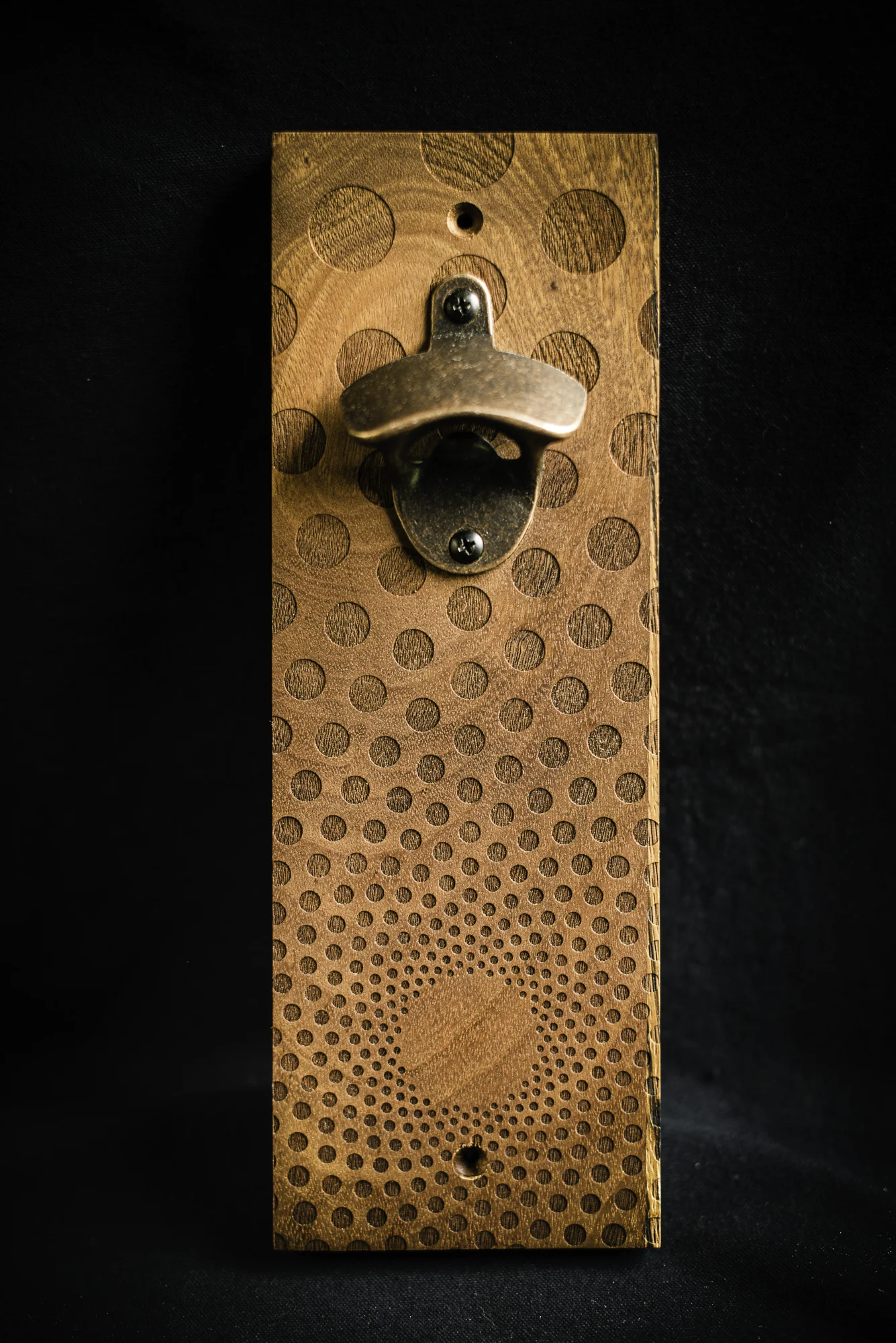 Magnetic sapele bottle opener laser engrave dots