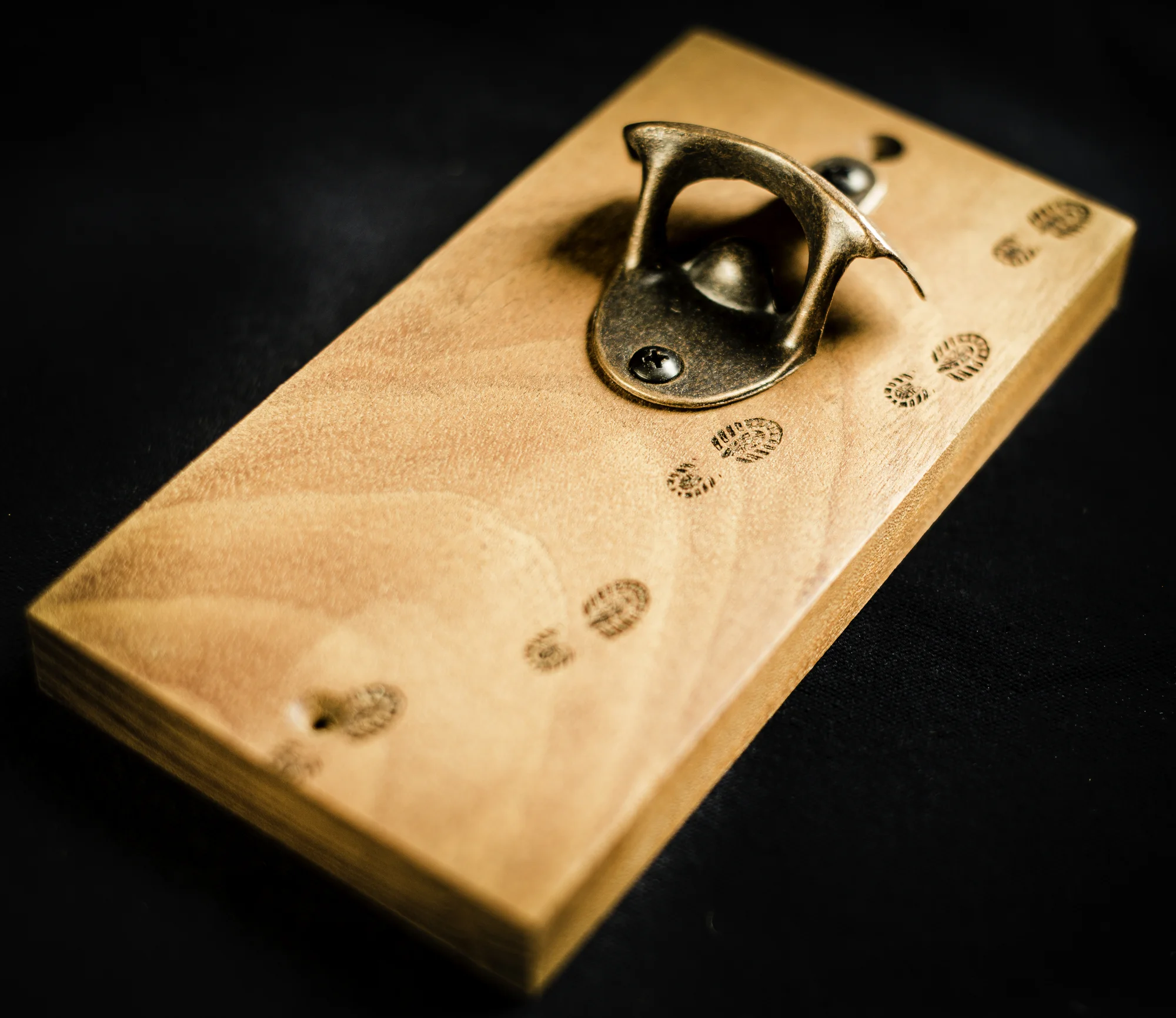 Magnetic sapele bottle opener laser engraved hiking foot prints