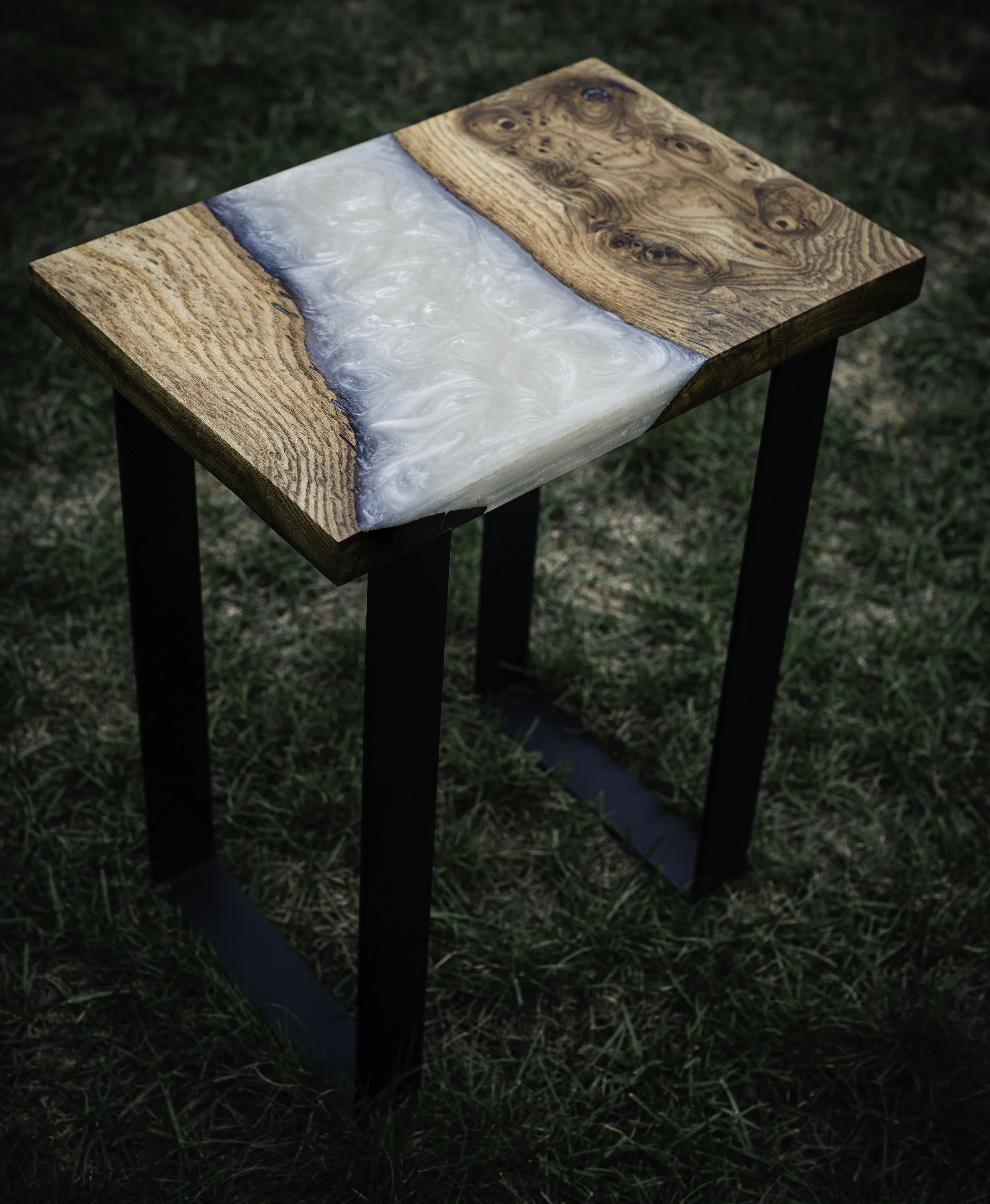 Custom Elm Pearl White Epoxy End Table