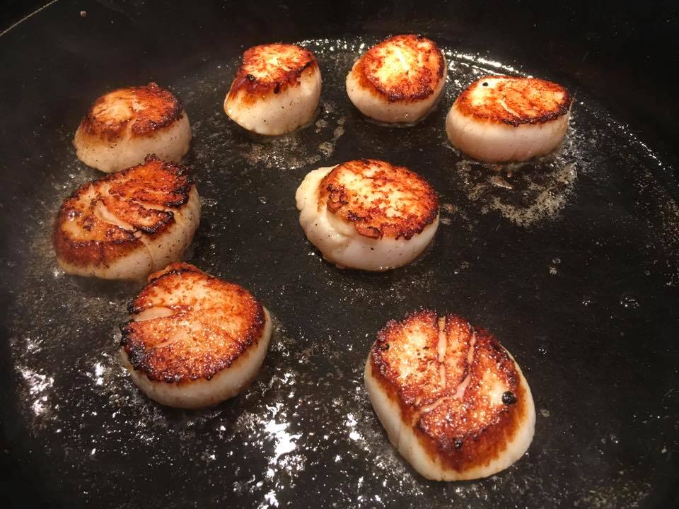 Seared Scallops with Snow Pea tips and Roasted Oyster Mushrooms