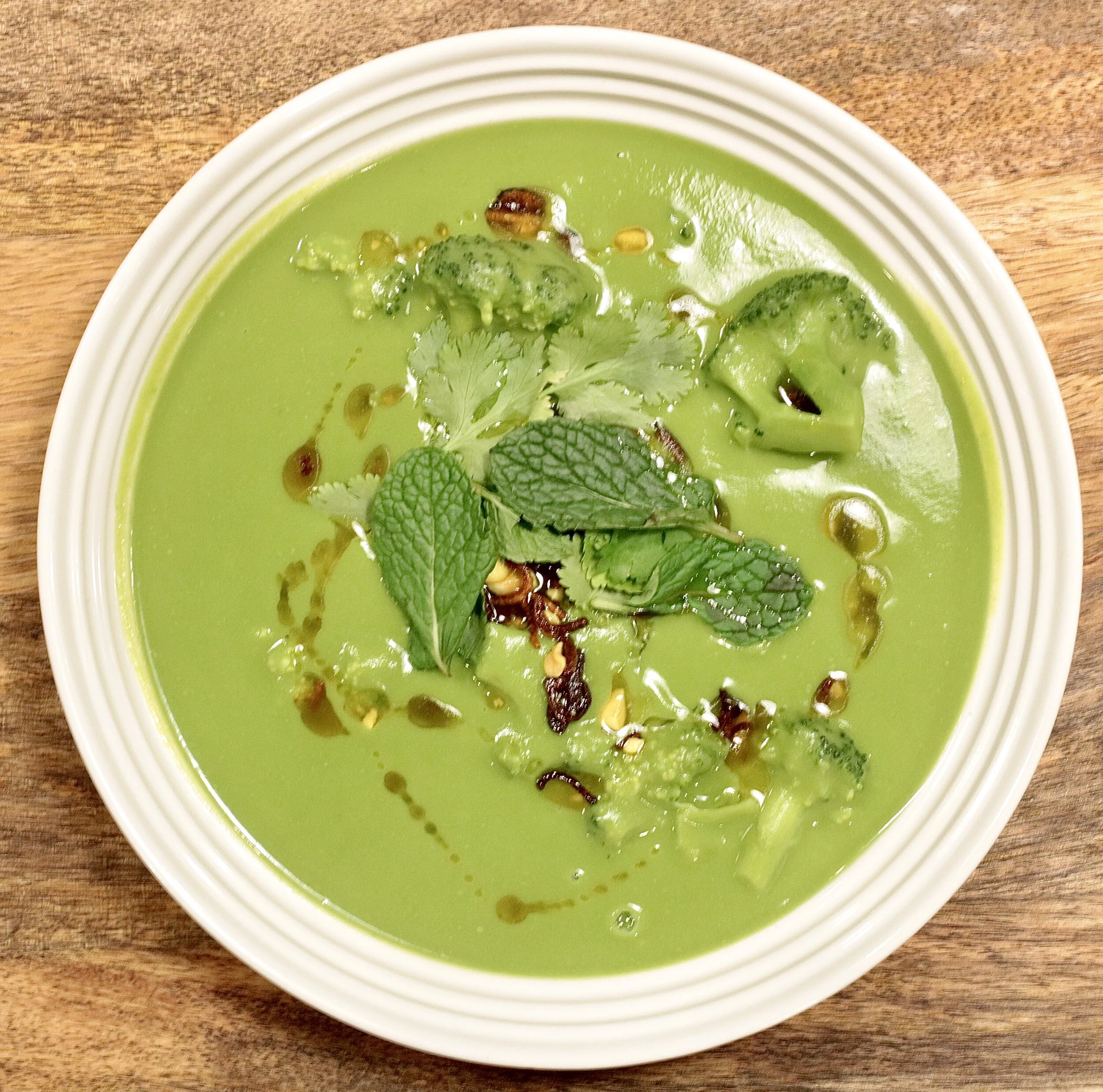 Broccoli Soup with Turmeric, Peanuts, and Crispy Shallots