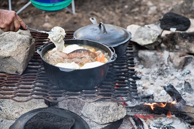 Steve&rsquo;s Dutch Oven pot roast with dumplings, slow cooked over a fire all afternoon. Ask us about our menu! But don&rsquo;t count on losing weight on this trip!