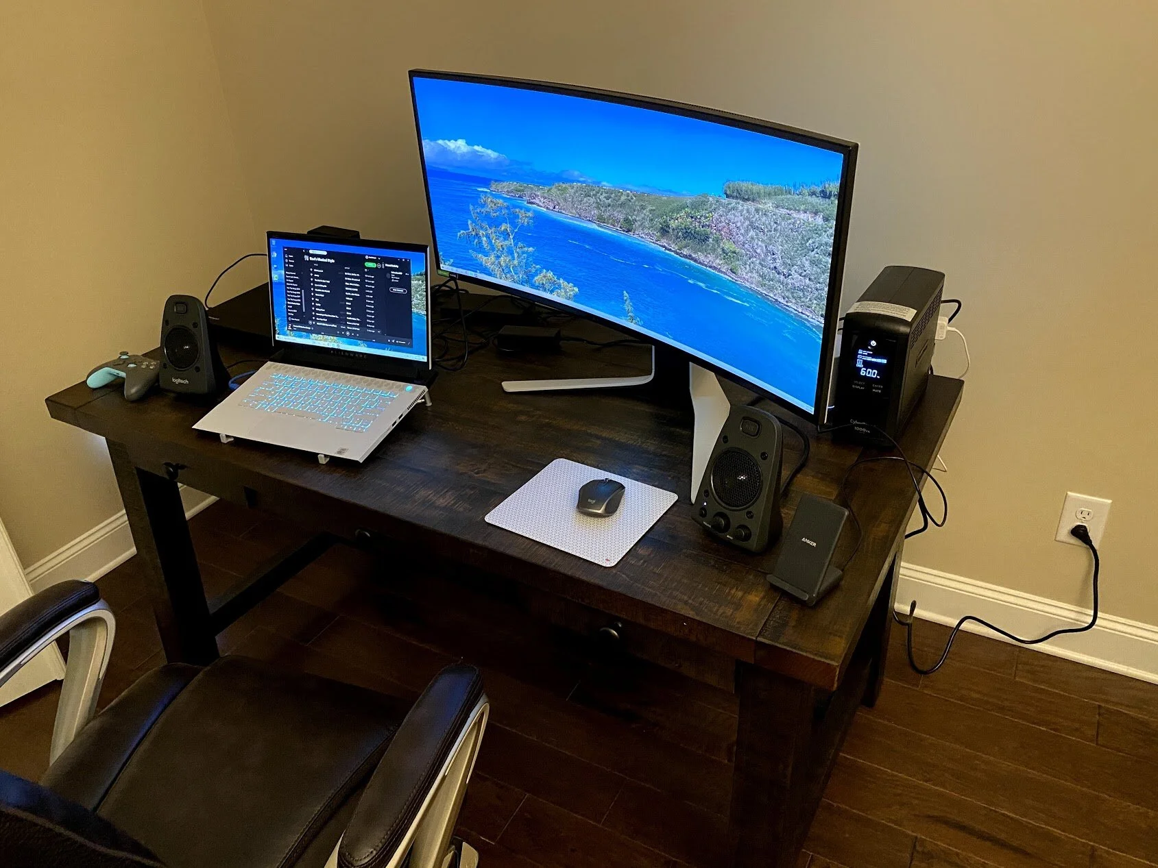 Alienware R15m3 and 34” Gaming Monitor. Hardwired to an Amplifi HD Router and CyberPower.