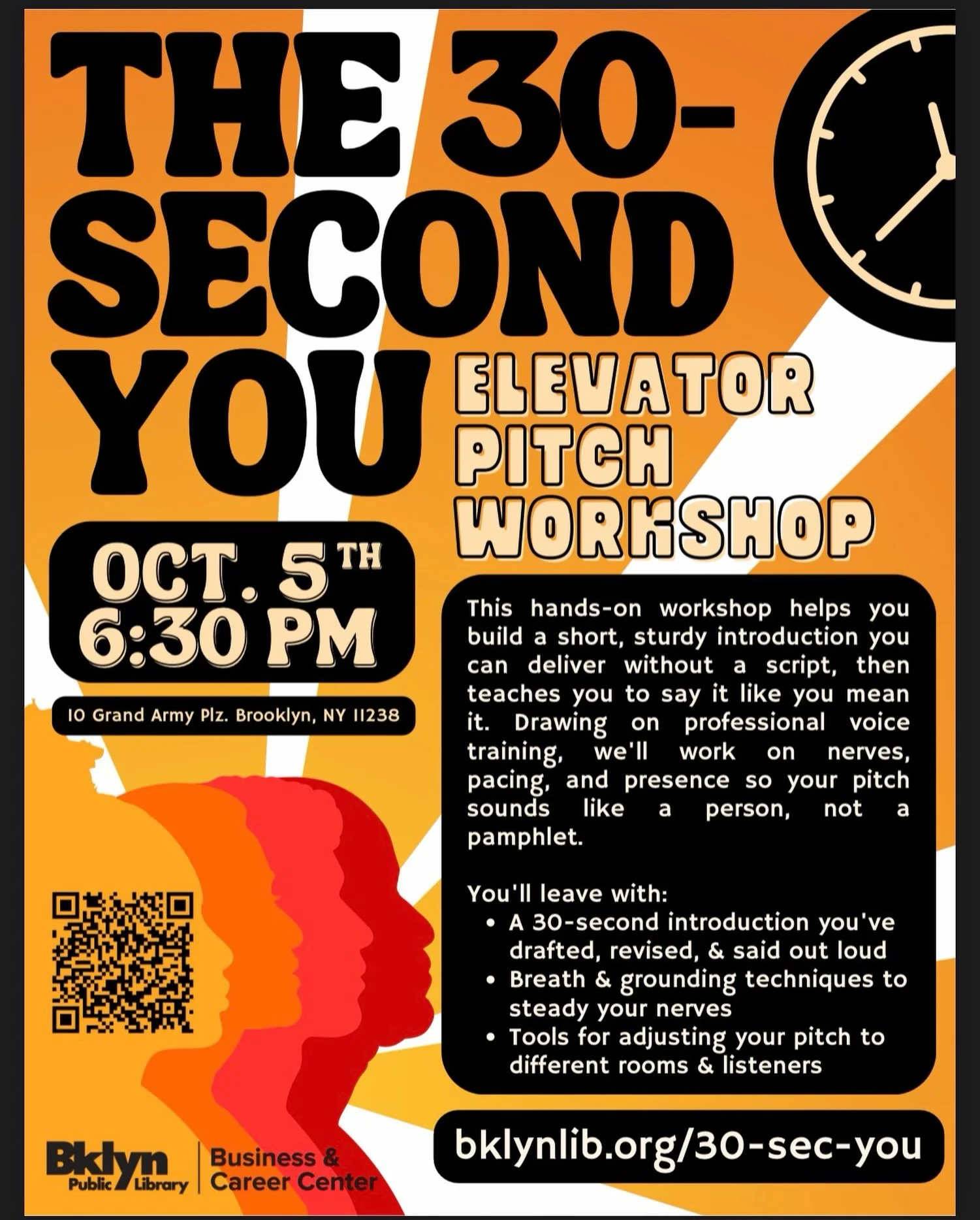 I am thrilled to be partnering up with the Brooklyn Public Library  @bklynlibrary as I teach a workshop on Elevator Pitches. 

The aim of the workshop is to learn an effective process to pitch any idea&mdash; business venture, self promotion, or even