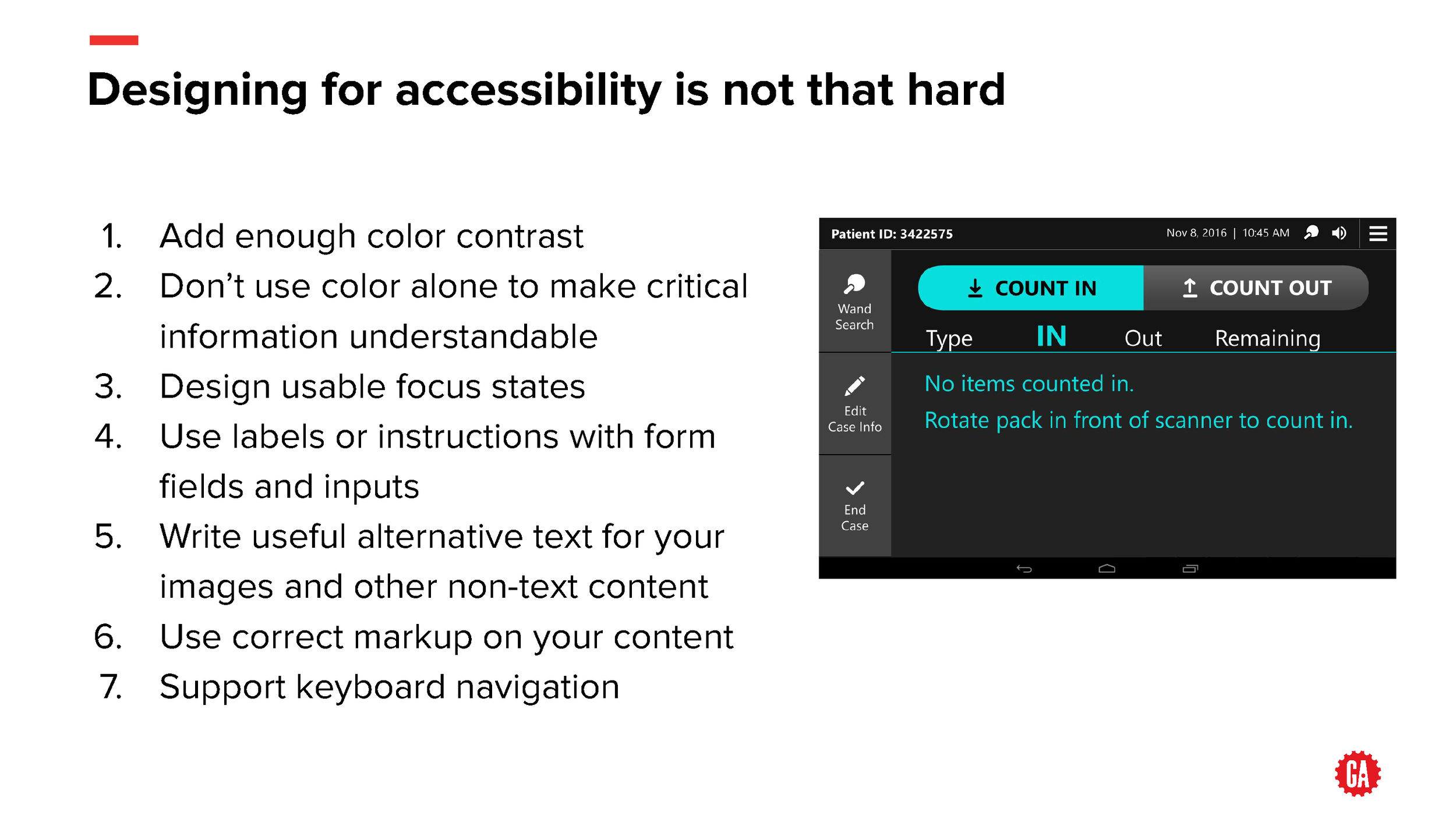 I slide I created which links the principles of accessibility with a personal example of accessible design using contrast.