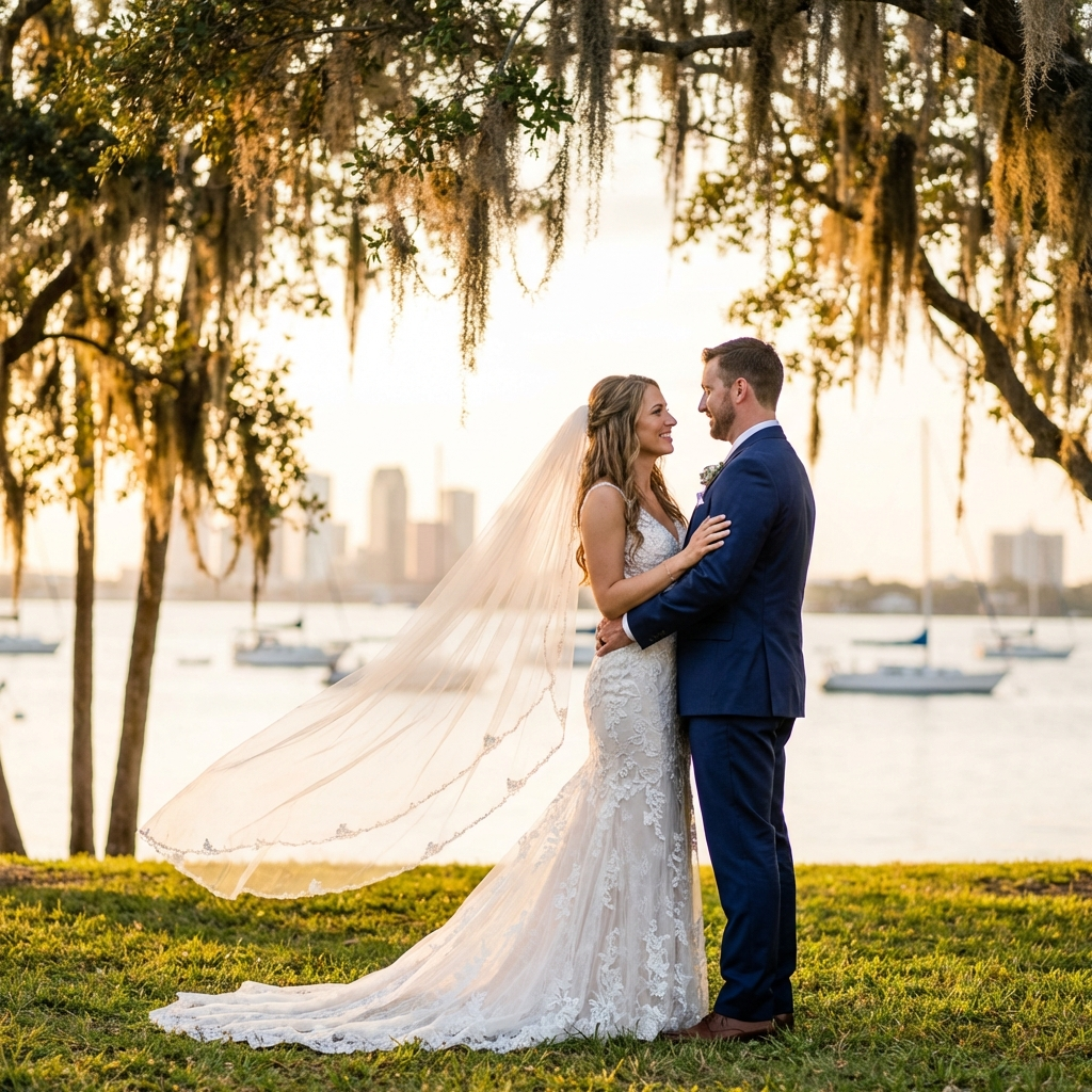 Dramatic bridal portrait with flowing veil and Tampa Bay city skyline in background