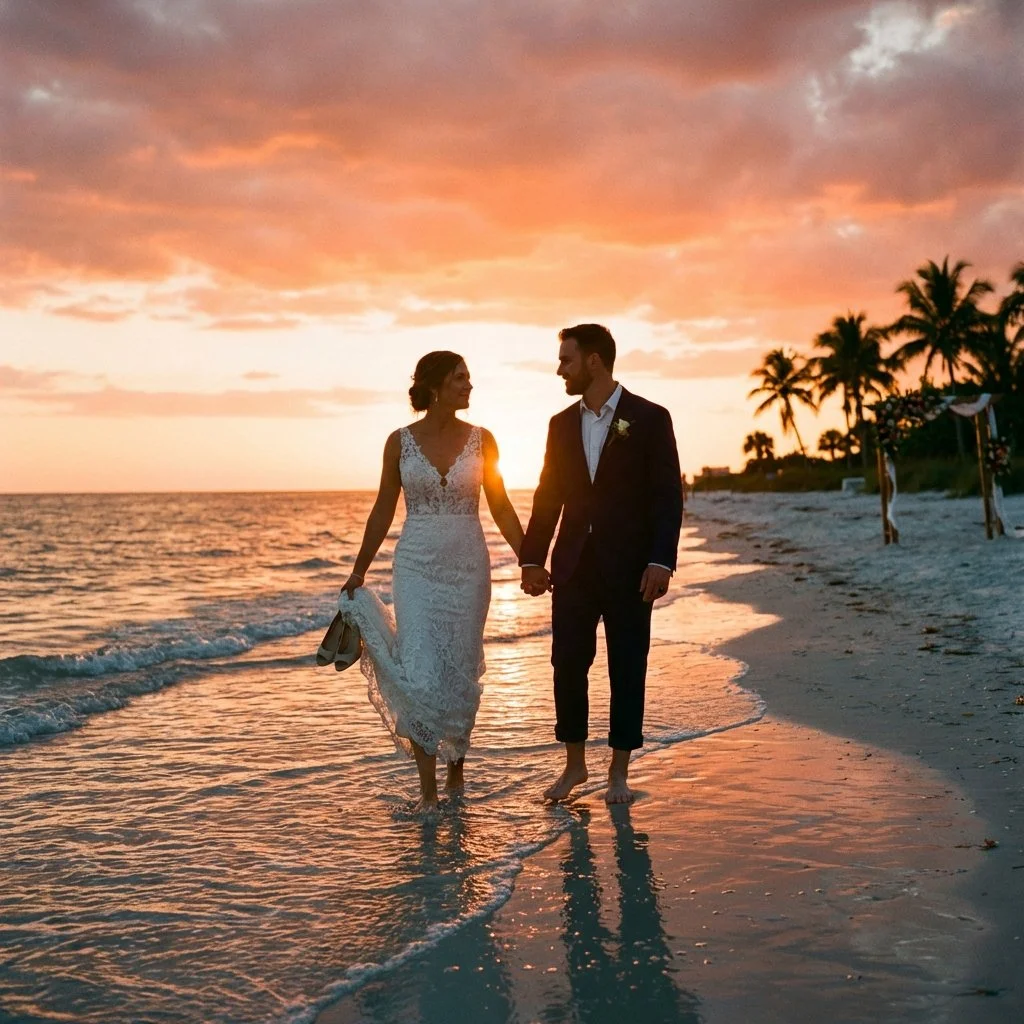 Beach/waterfront sunset scene with couple walking in shallow water along Tampa Bay coast- line