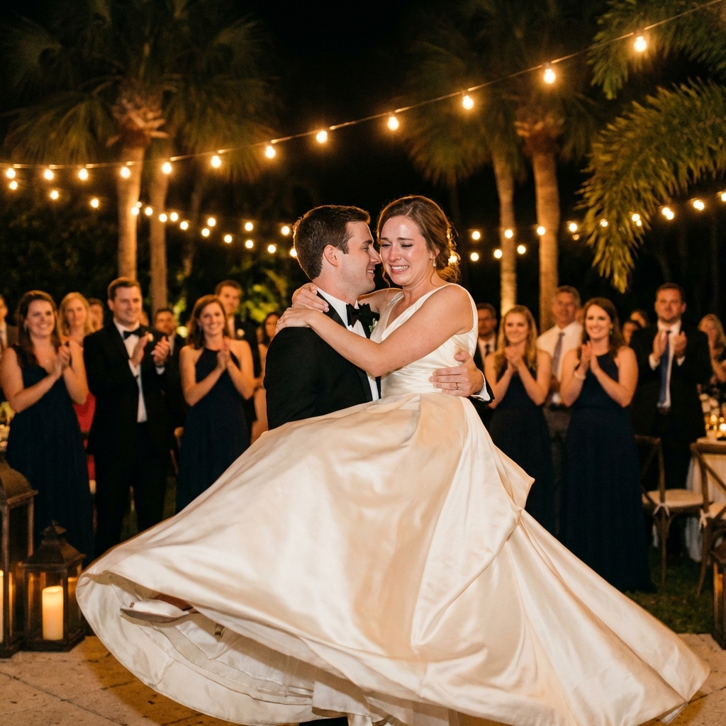 First dance moment under romantic string lights with palm trees in background at Tampa reception venue