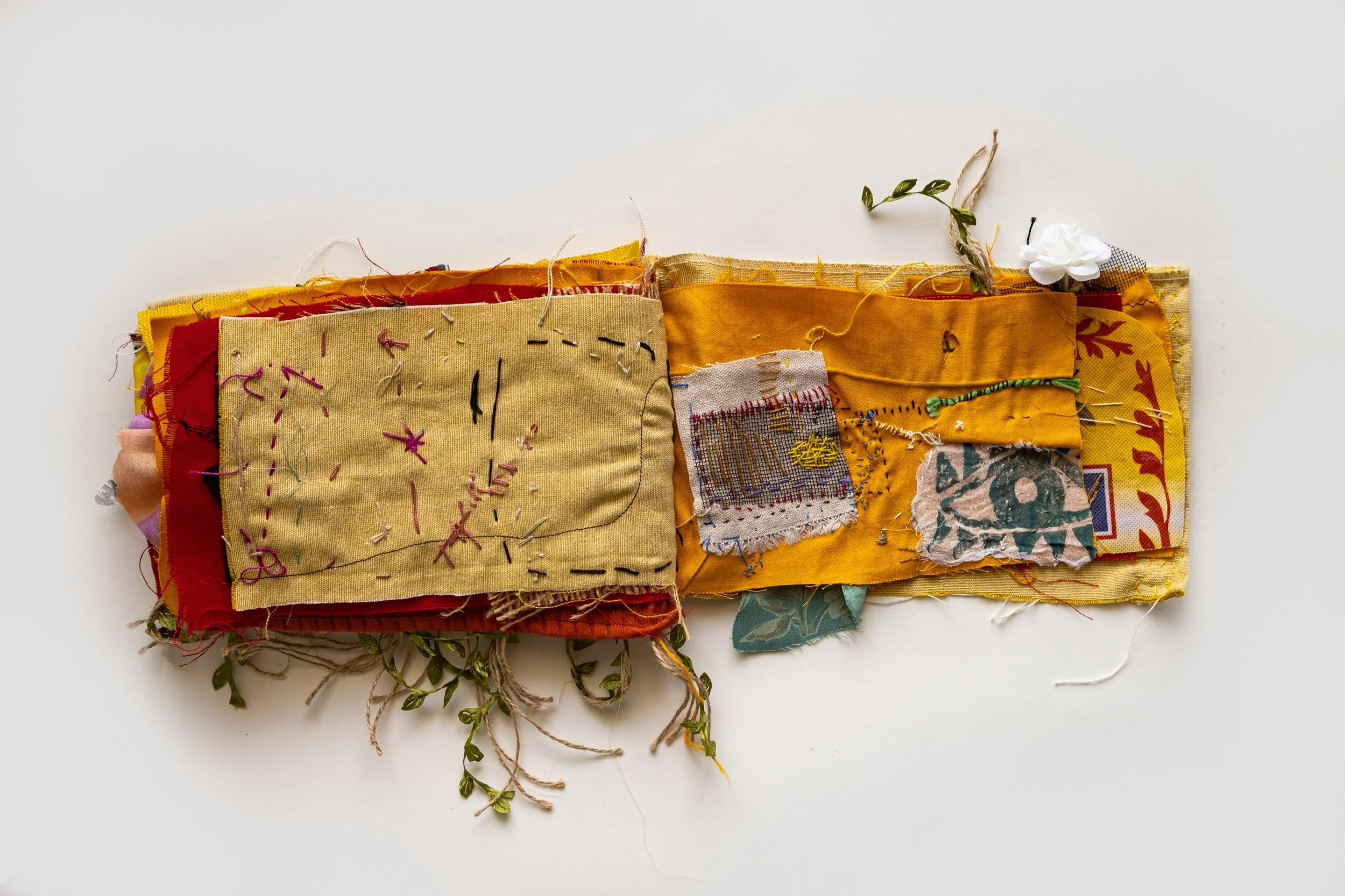 Stitched collage by Nour Taher, Mini Daftar crafted by Shereen Quttaineh, (2019).