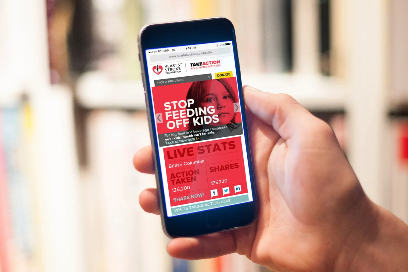 Take Action website for Heart & Stroke that gives loud and eye catching typography with powerful imagery. Functional design that is to the point.