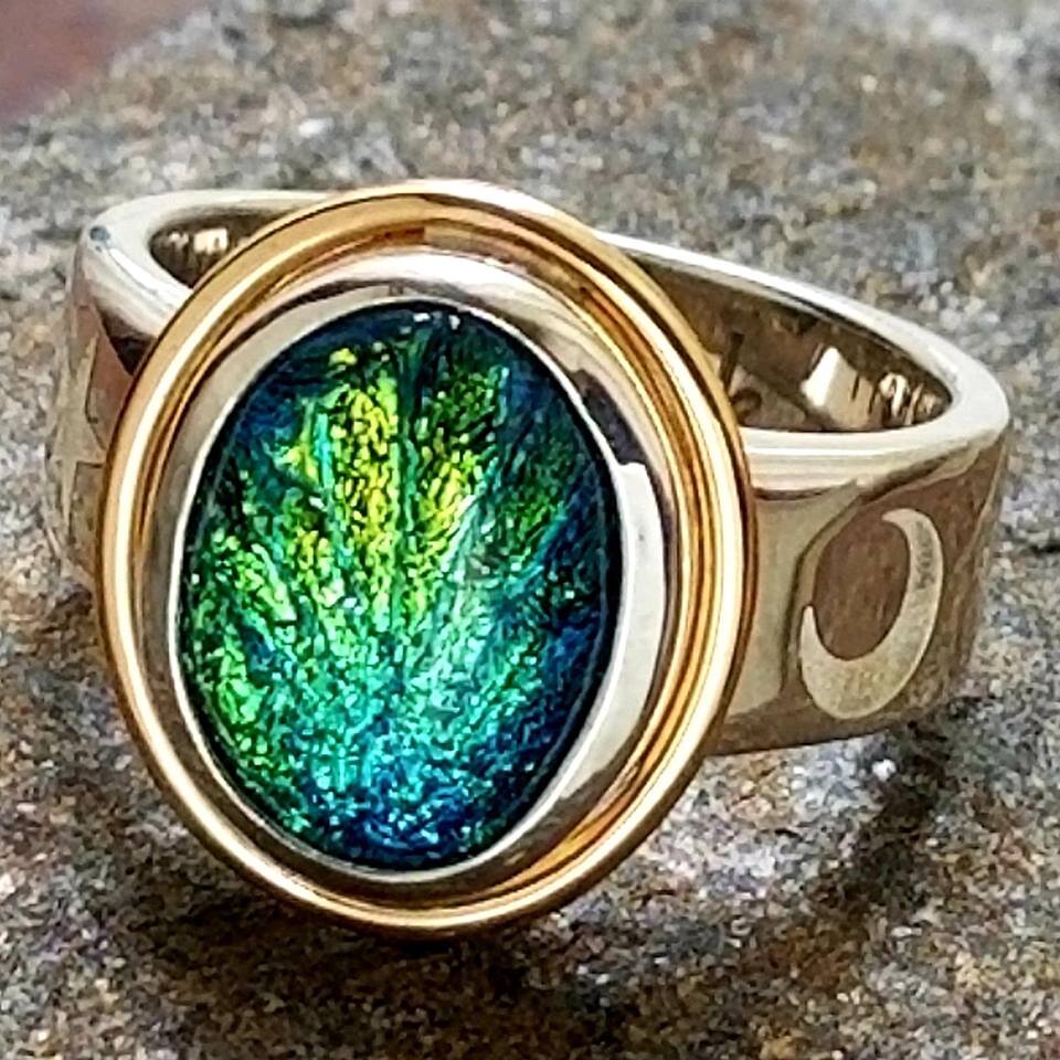 Cremation Art Glass Always Memorial Ring with Custom Engraving in mixed metals Silver and Gold