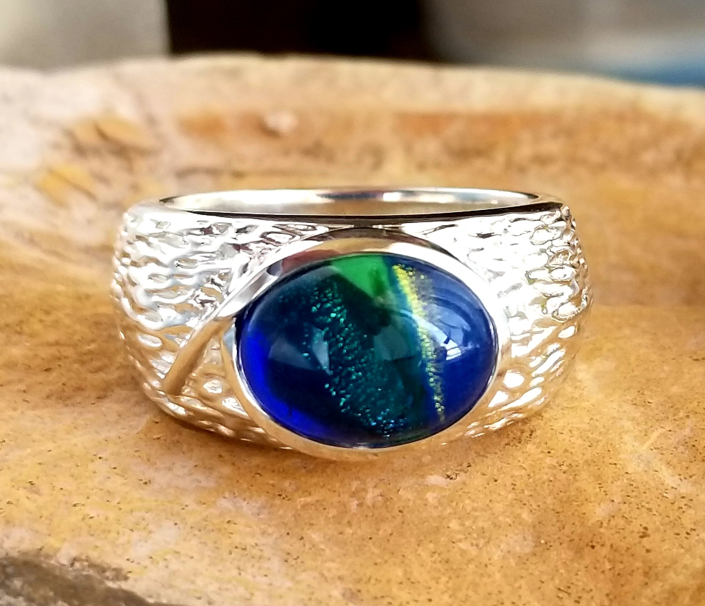 Cremation Art Glass Silver Cabin Memorial Ring