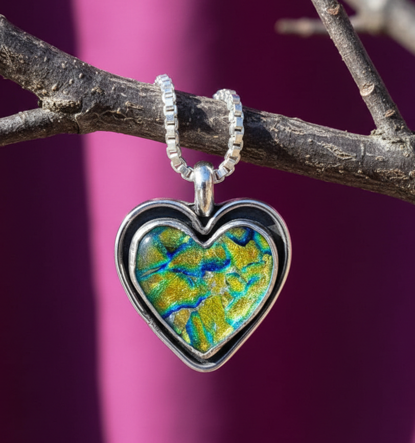 Adventure-ready glass heart memorial necklace with a Sacred Trace, designed as a lasting tribute for a faithful pet companion.