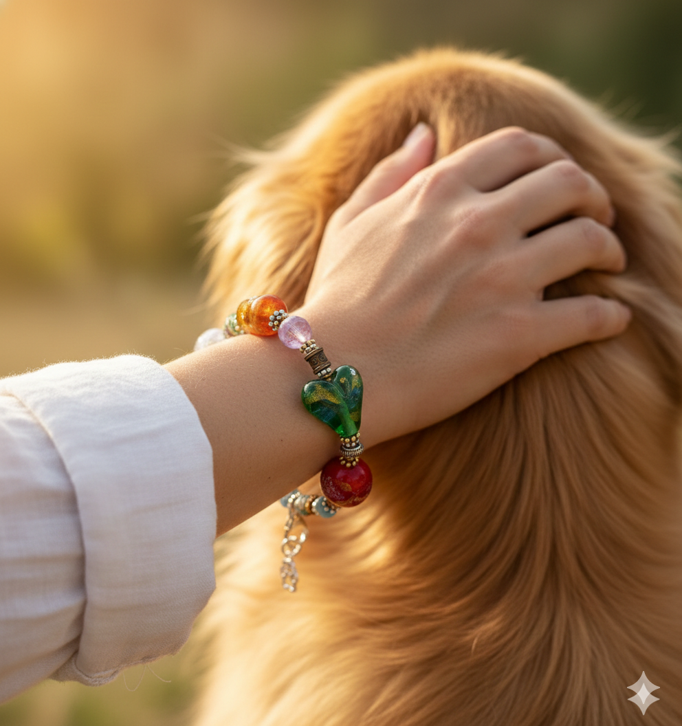 A memorial bracelet on a woman's wrist as she pets a golden retriever in soft sunlight.