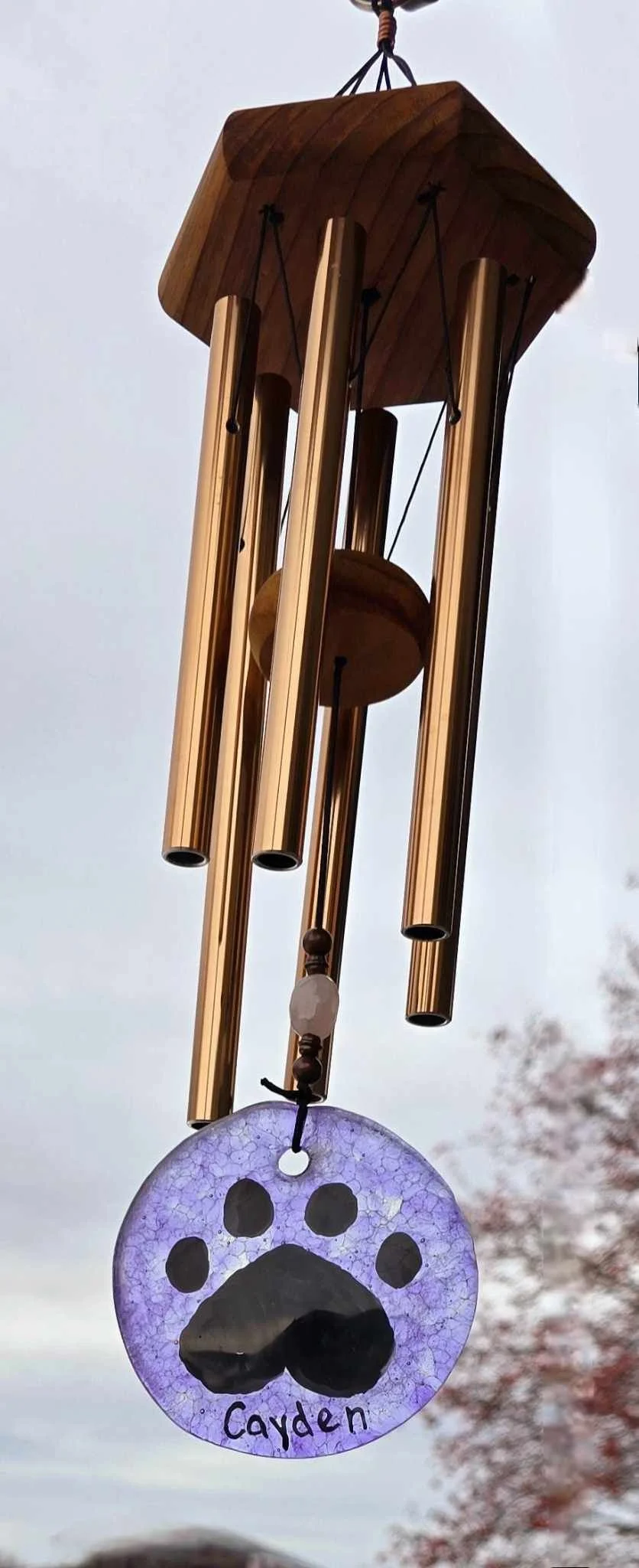 Petite Garden Windchime with Custom Glass Memorial Paw Print Medallion