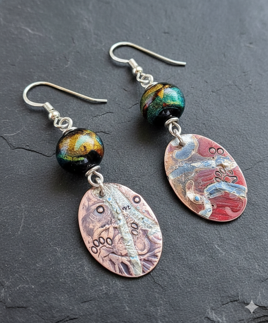 The Petrograph Path Earrings: Hand-Forged Copper & Silver Tributes with Custom Artisan Glass