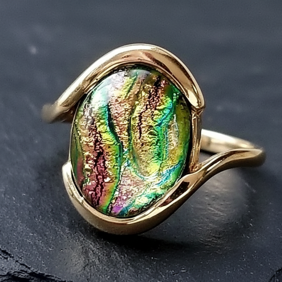 Handcrafted gold memorial ring featuring a vibrant Sacred Trace glass infusion with iridescent green and pink tones, designed as a lasting heirloom for a cherished loved one.