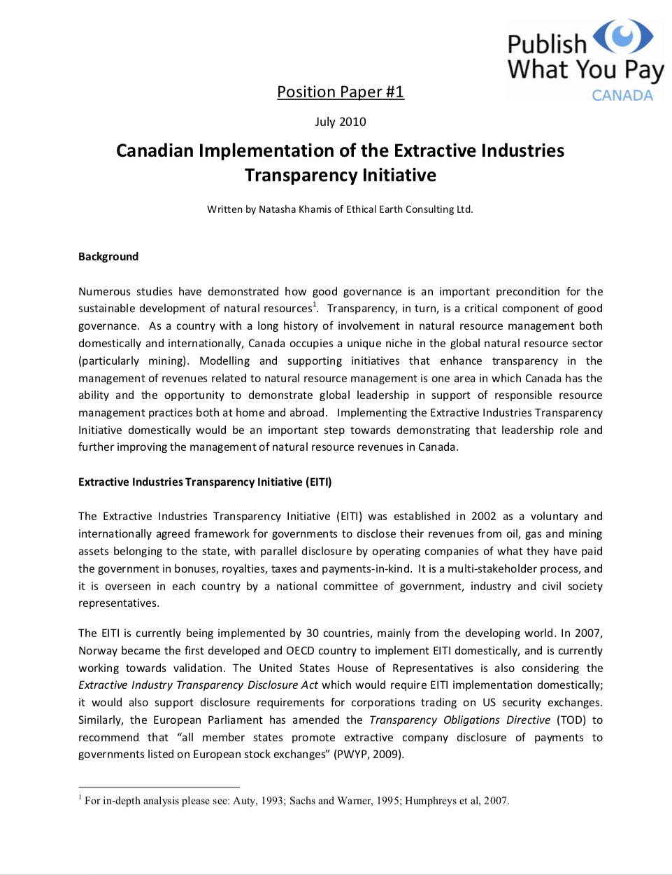 Canadian Implementation of the Extractive Industries Transparency Initiative