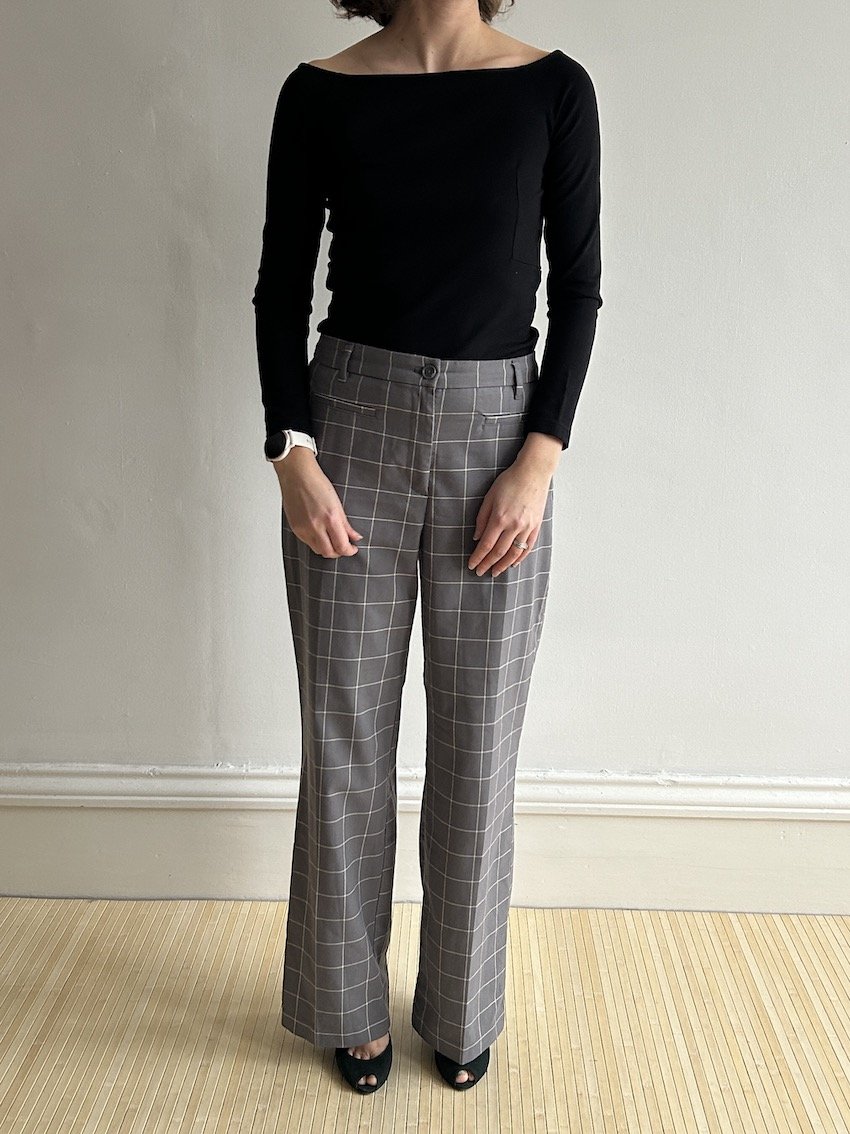 Monki Grey Check Straight Leg Trousers Size 12