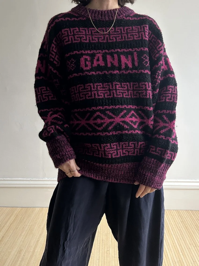 Ganni Pink And Black 100% Wool Knit Jumper Size M
