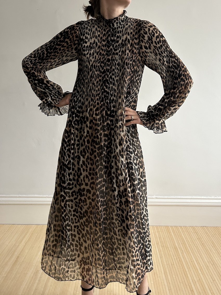 Ganni Leopard Print High Neck Midi Dress Size 8