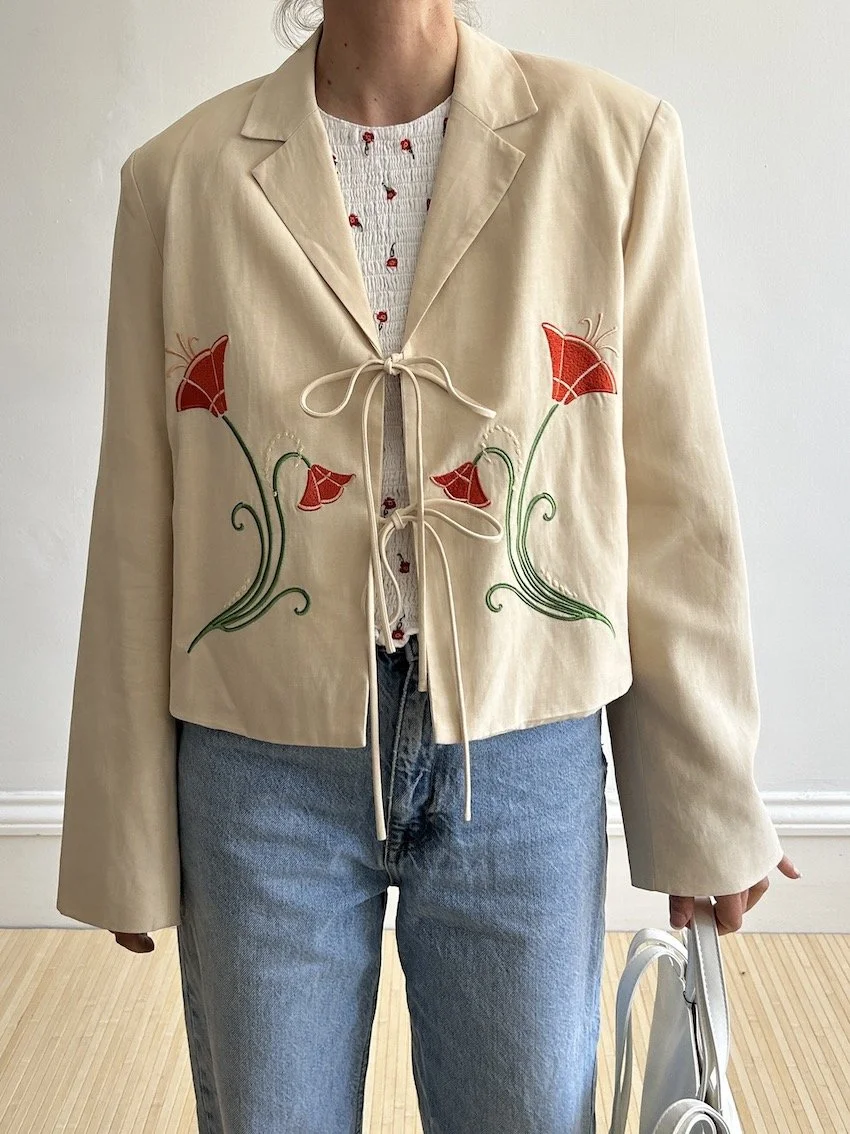 Kitri Cressida Sand Embroidered Tie Front Blazer Size 12